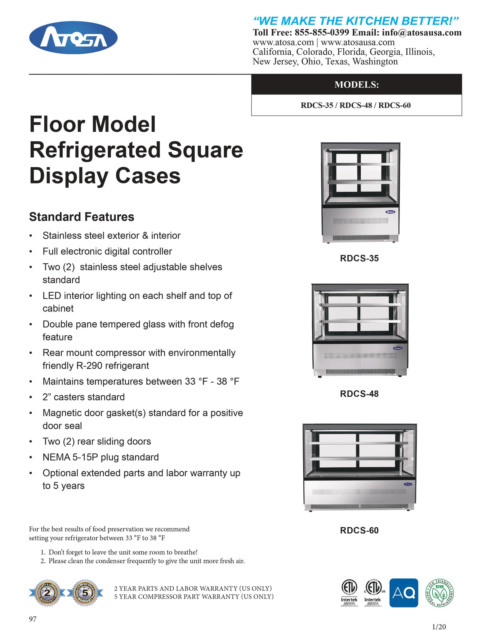 Atosa RDCS-60 59" Flat Glass Refrigerated Display Case