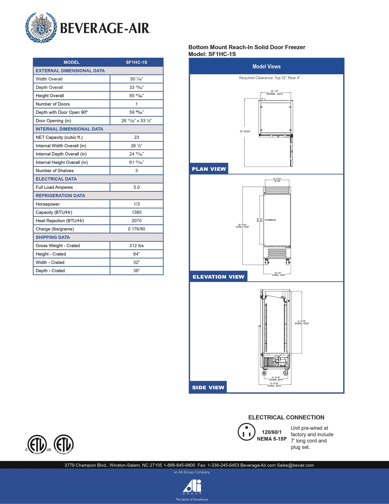 Beverage-Air SF1HC-1S 30" Slate Series One Section Solid Door Reach-In Freezer