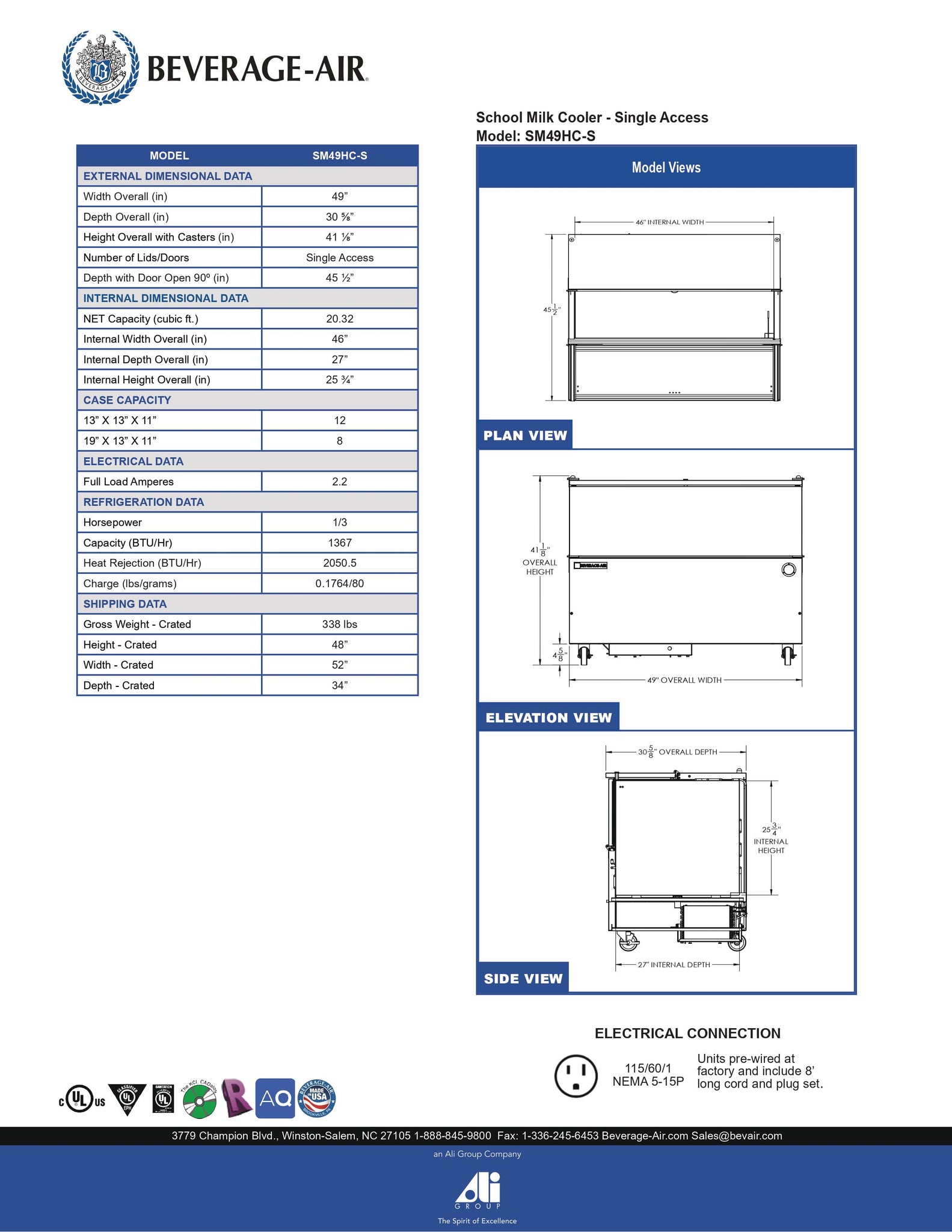 Beverage-Air SM49HC-S 49" Cold Wall Stainless Steel 1-Sided Milk Cooler