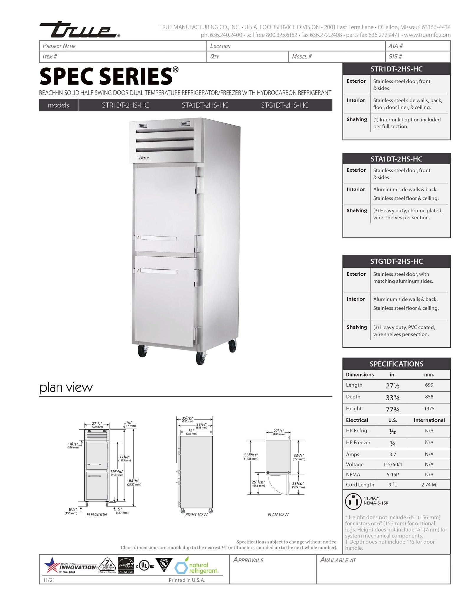 True STA1DT-2HS-HC 28" One Section Solid Half Door Dual Temperature Refrigerator / Freezer