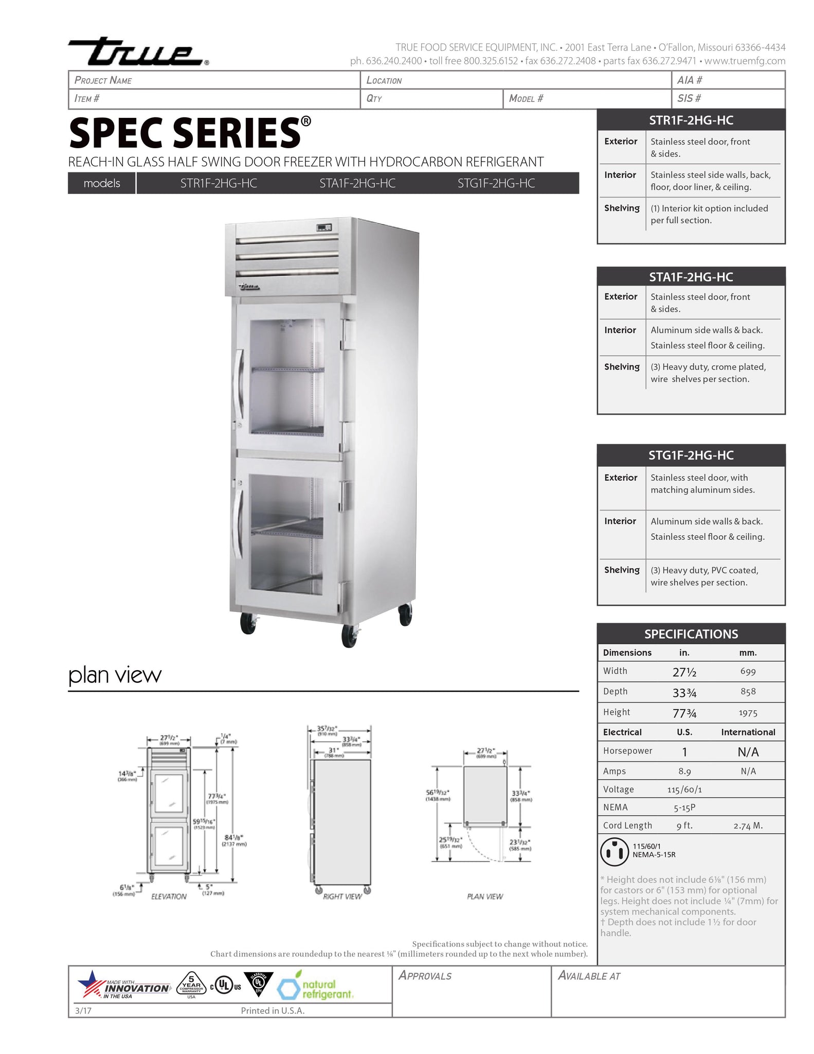 True STA1F-2HG-HC 28" One Section Glass Half Door Reach-In Freezer