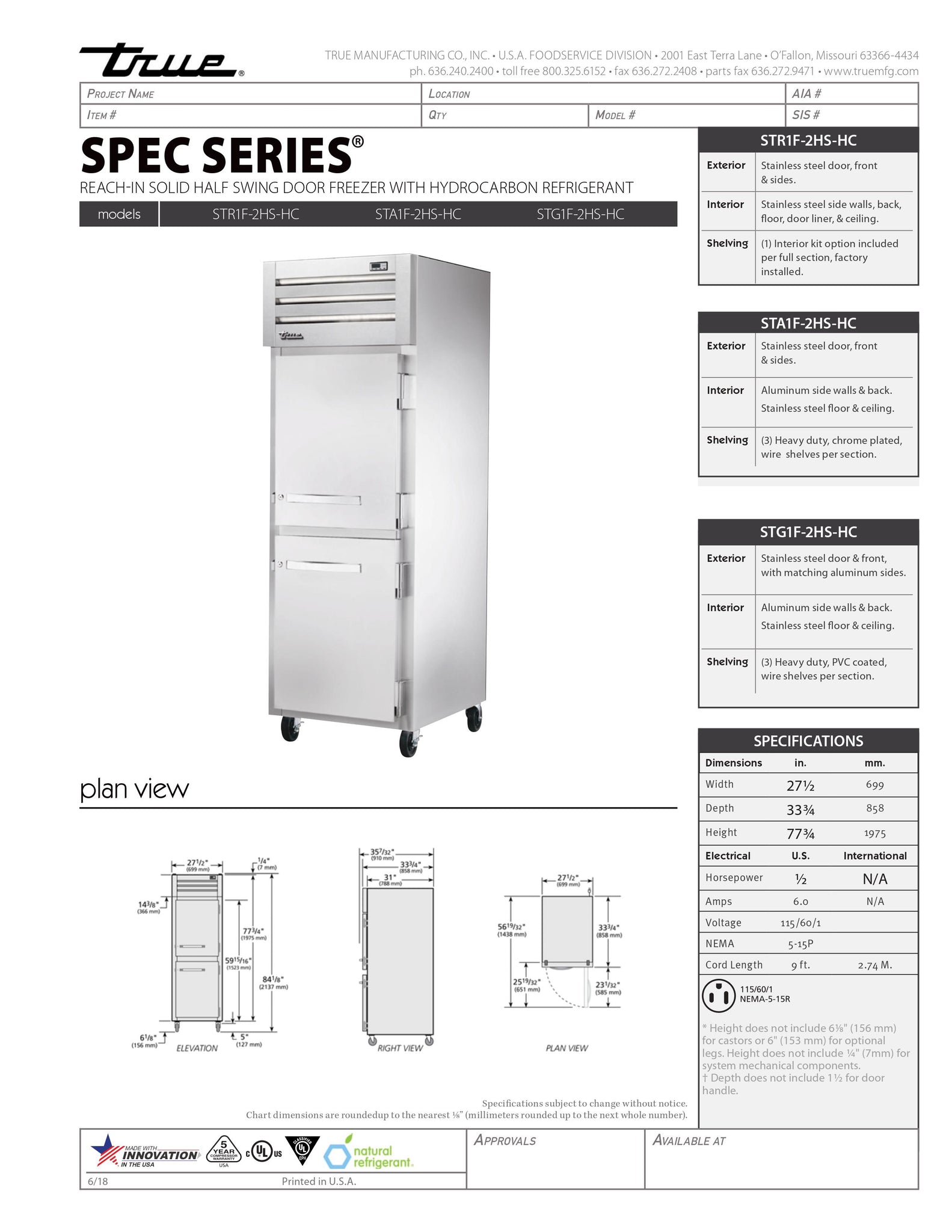 True STA1F-2HS-HC 28" One Section Solid Half Door Reach-In Freezer