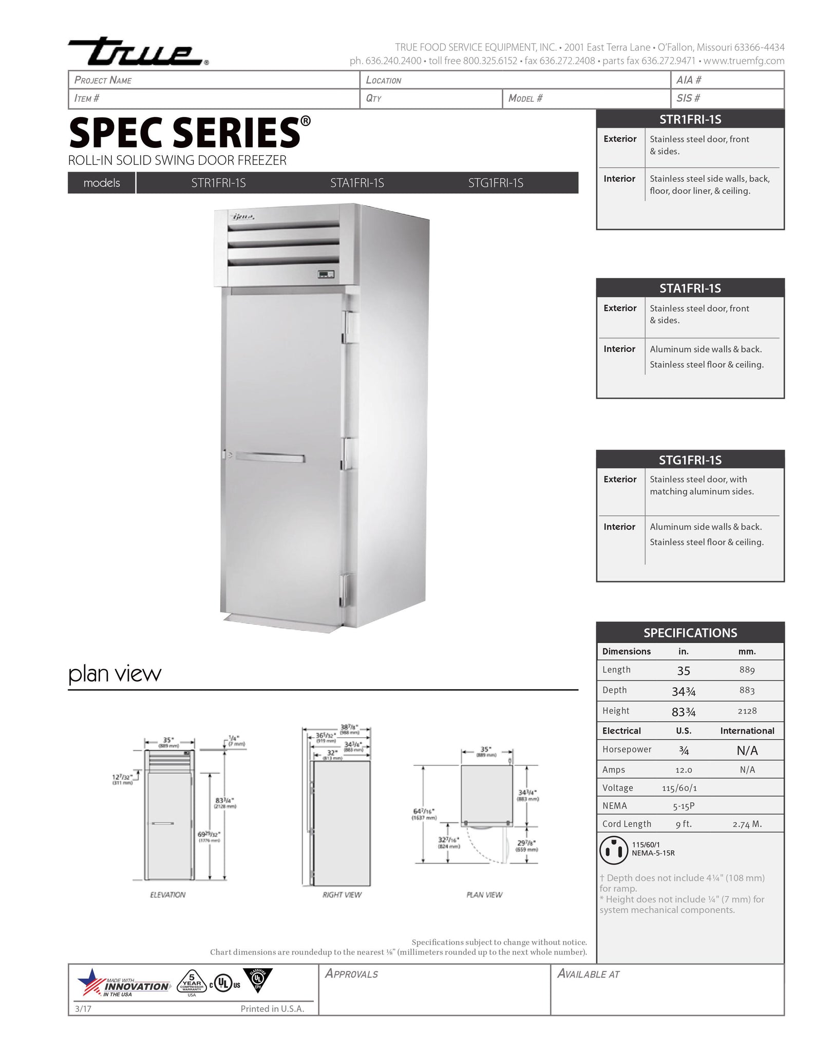 True STA1FRI-1S 35" Oversized One Section Solid Door Reach-In Freezer