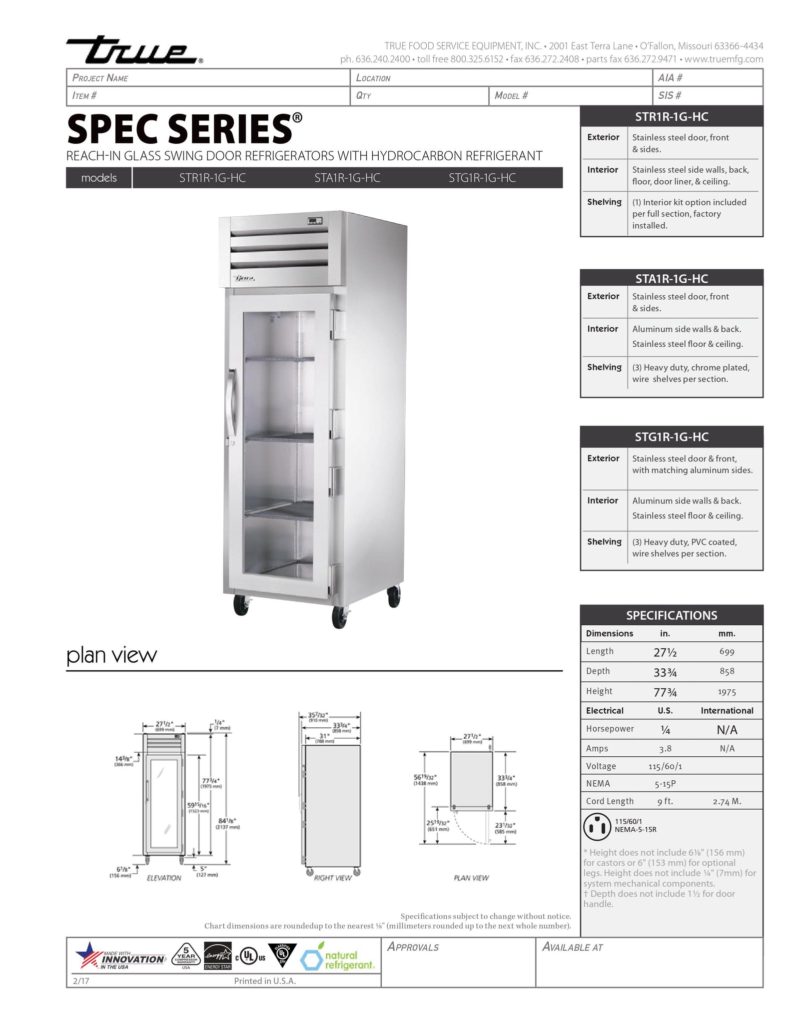True STA1R-1G-HC 28" One Section Glass Door Reach-In Refrigerator