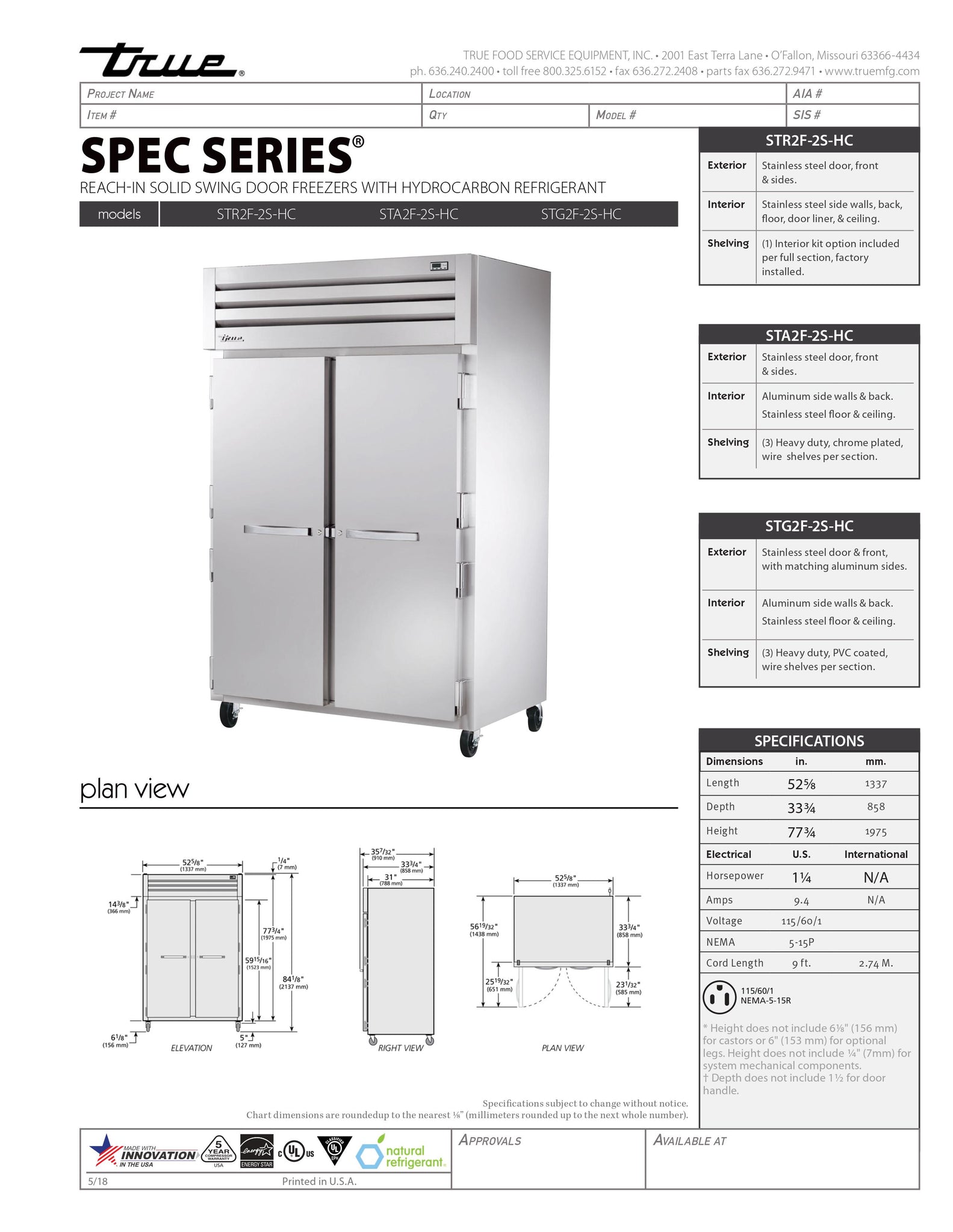 True STA2F-2S-HC 53" Two Section Solid Door Reach-In Freezer