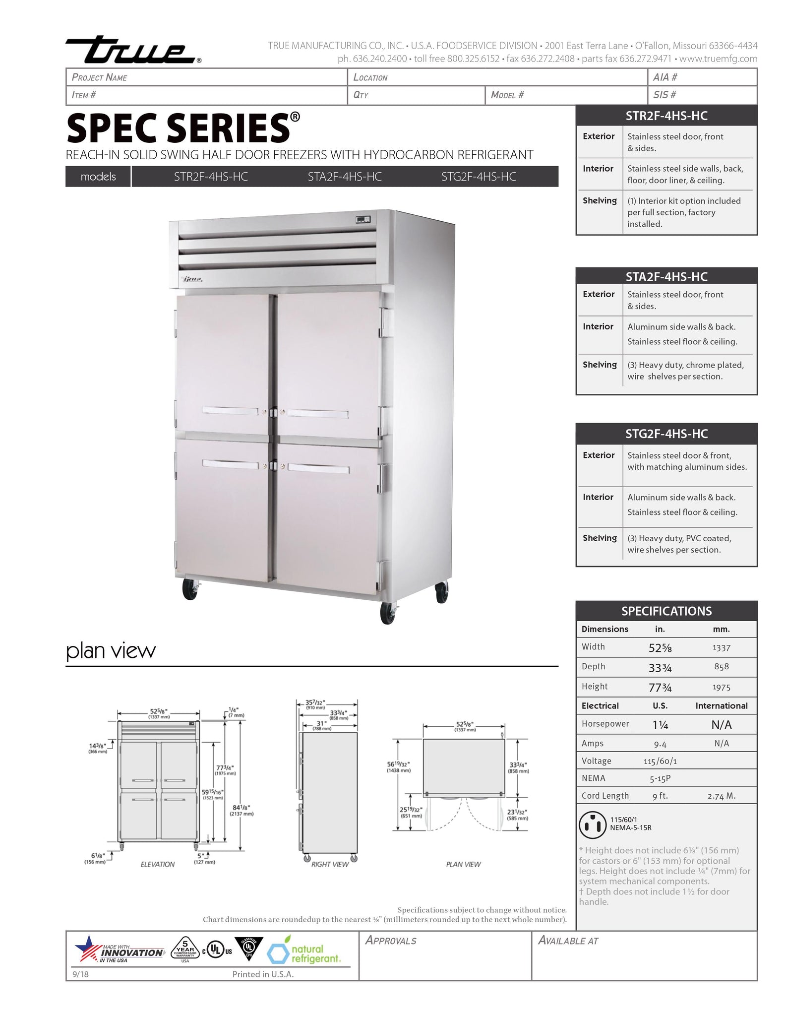 True STA2F-4HS-HC 53" Two Section Solid Half Door Reach-In Freezer