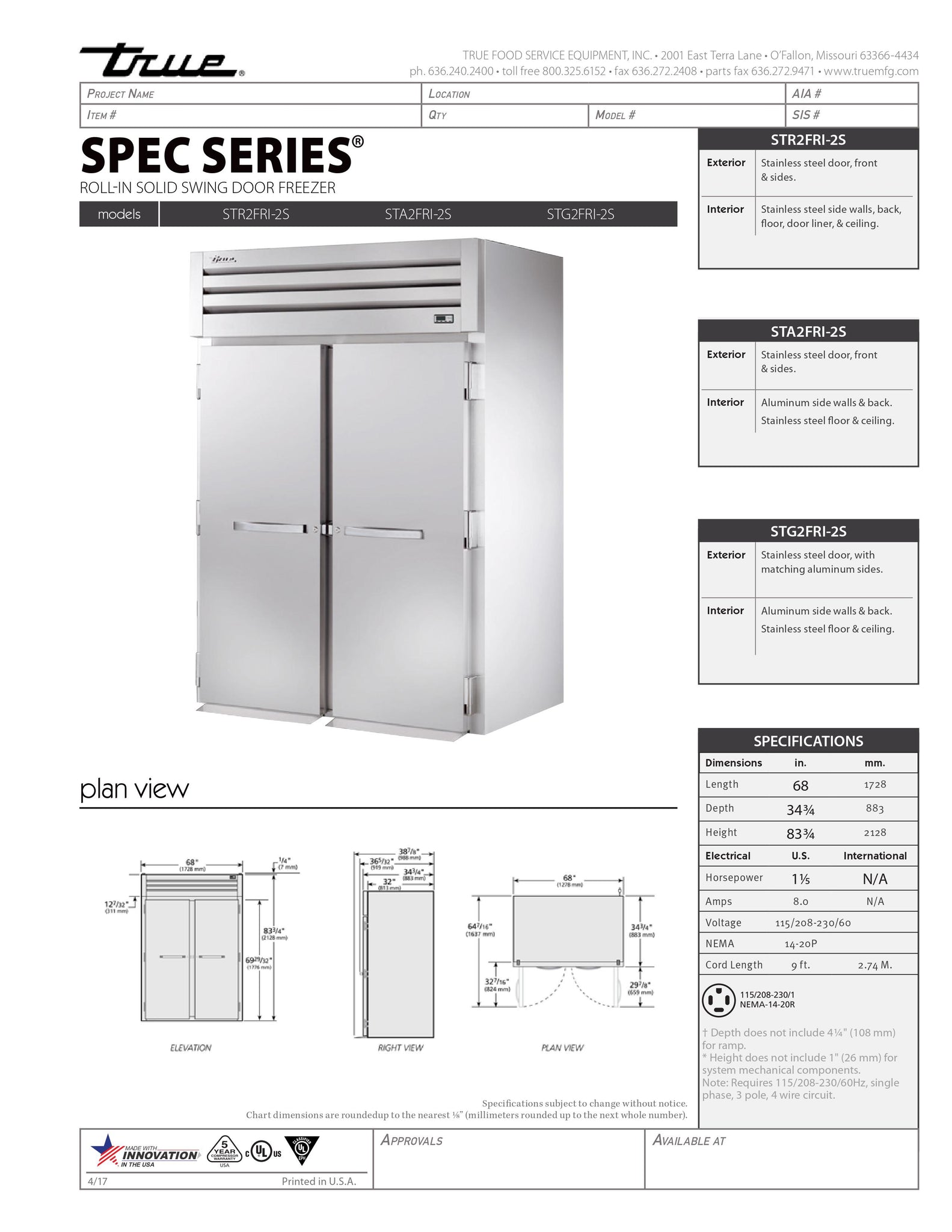 True STA2FRI-2S 68" Oversized Two Section Solid Door Reach-In Freezer