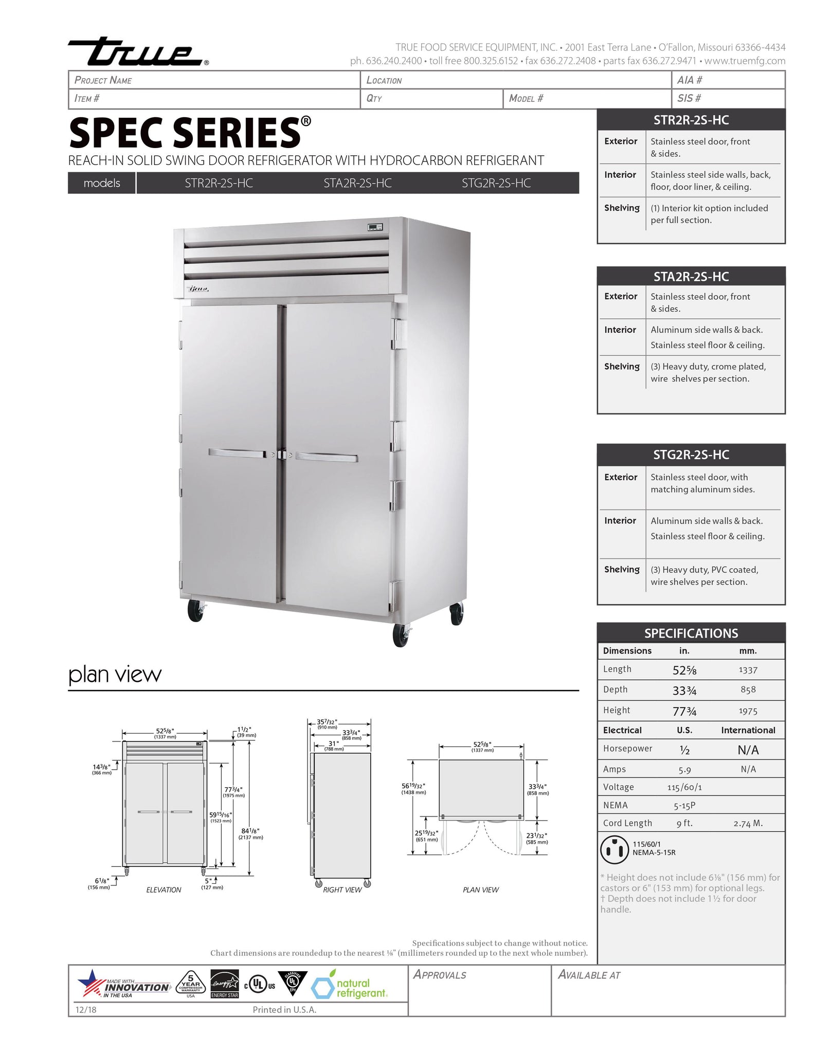 True STA2R-2S-HC 53" Two Section Solid Door Reach-In Refrigerator