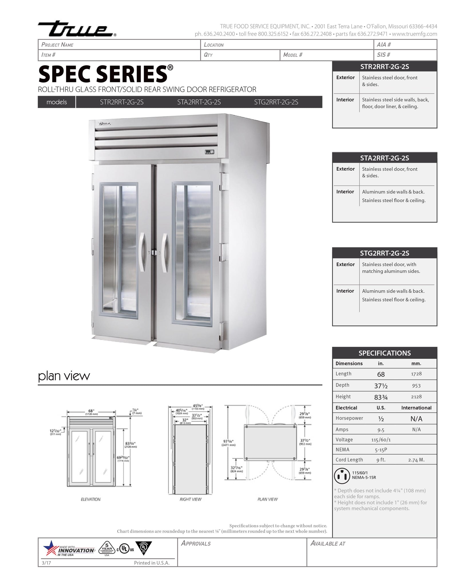 True STA2RRT-2G-2S 68" Oversized Two Section Glass Door Pass Through Refrigerator with Solid Back Doors