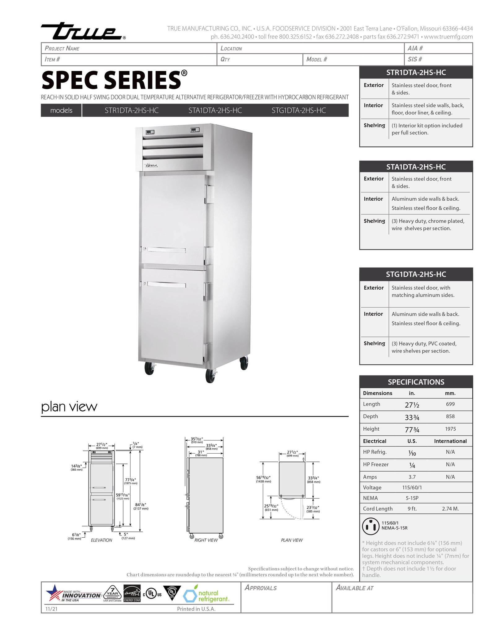 True STG1DTA-2HS-HC 28" One Section Solid Half Door Dual Temperature Refrigerator / Freezer