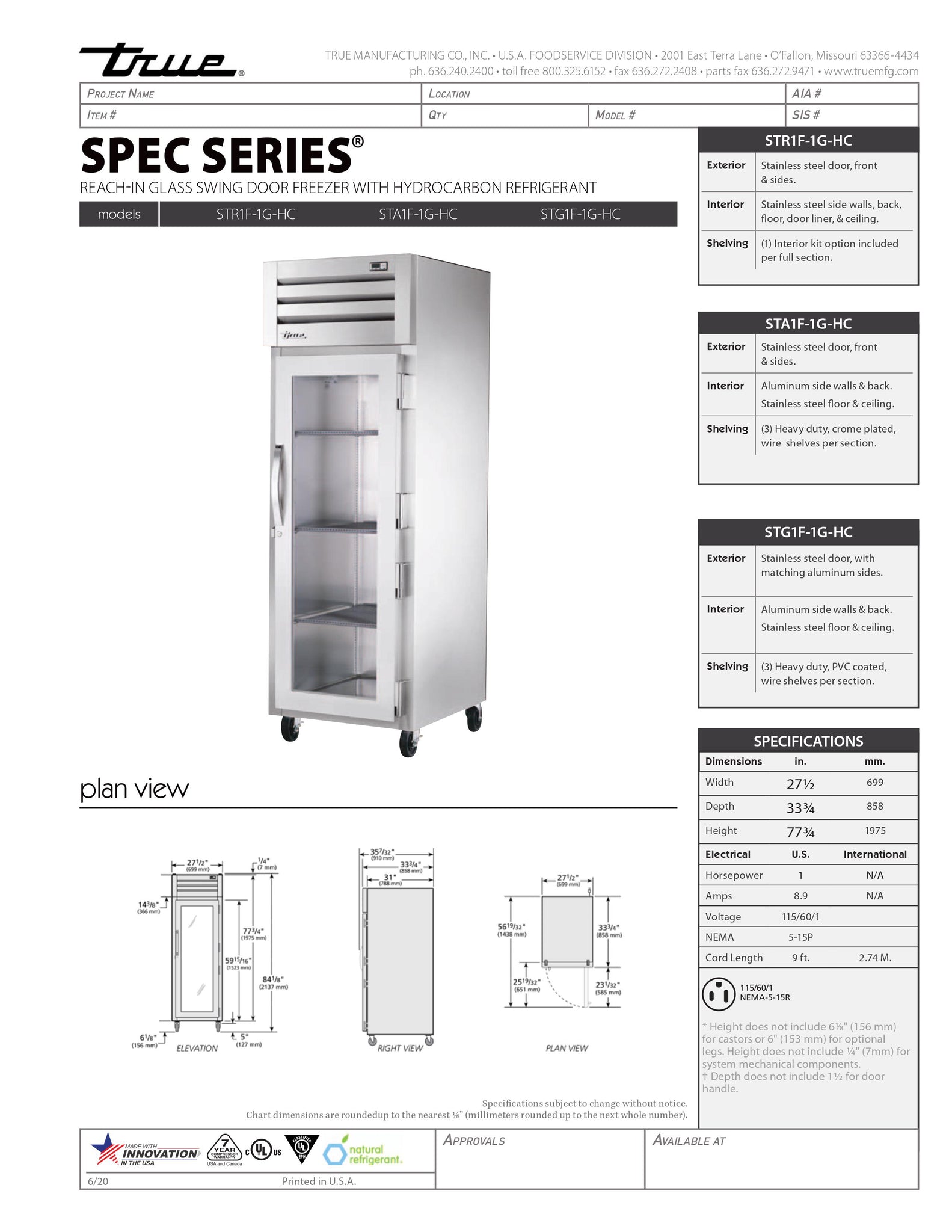 True STG1F-1G-HC 28" One Section Glass Door Reach-In Freezer