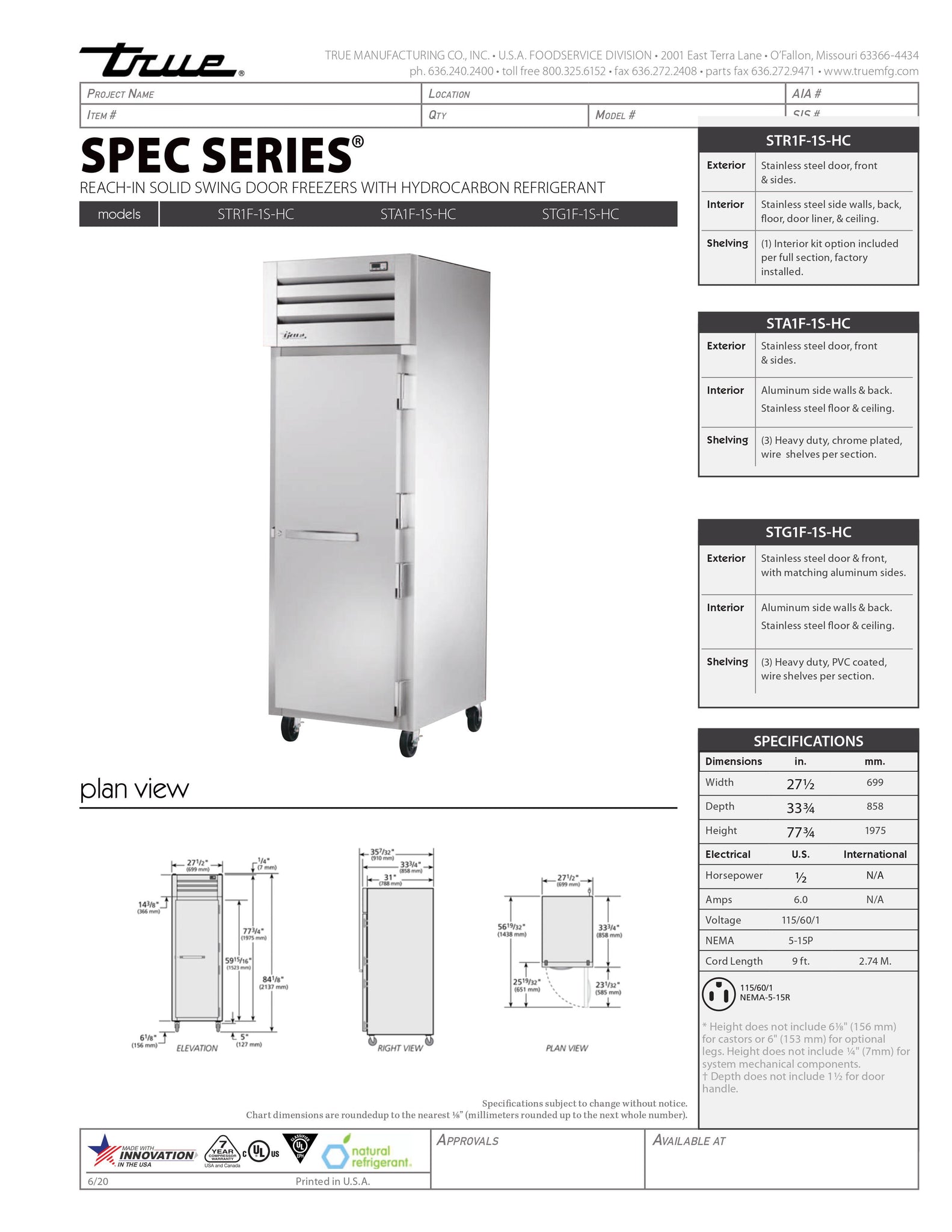 True STG1F-1S-HC 28" One Section Solid Door Reach-In Freezer