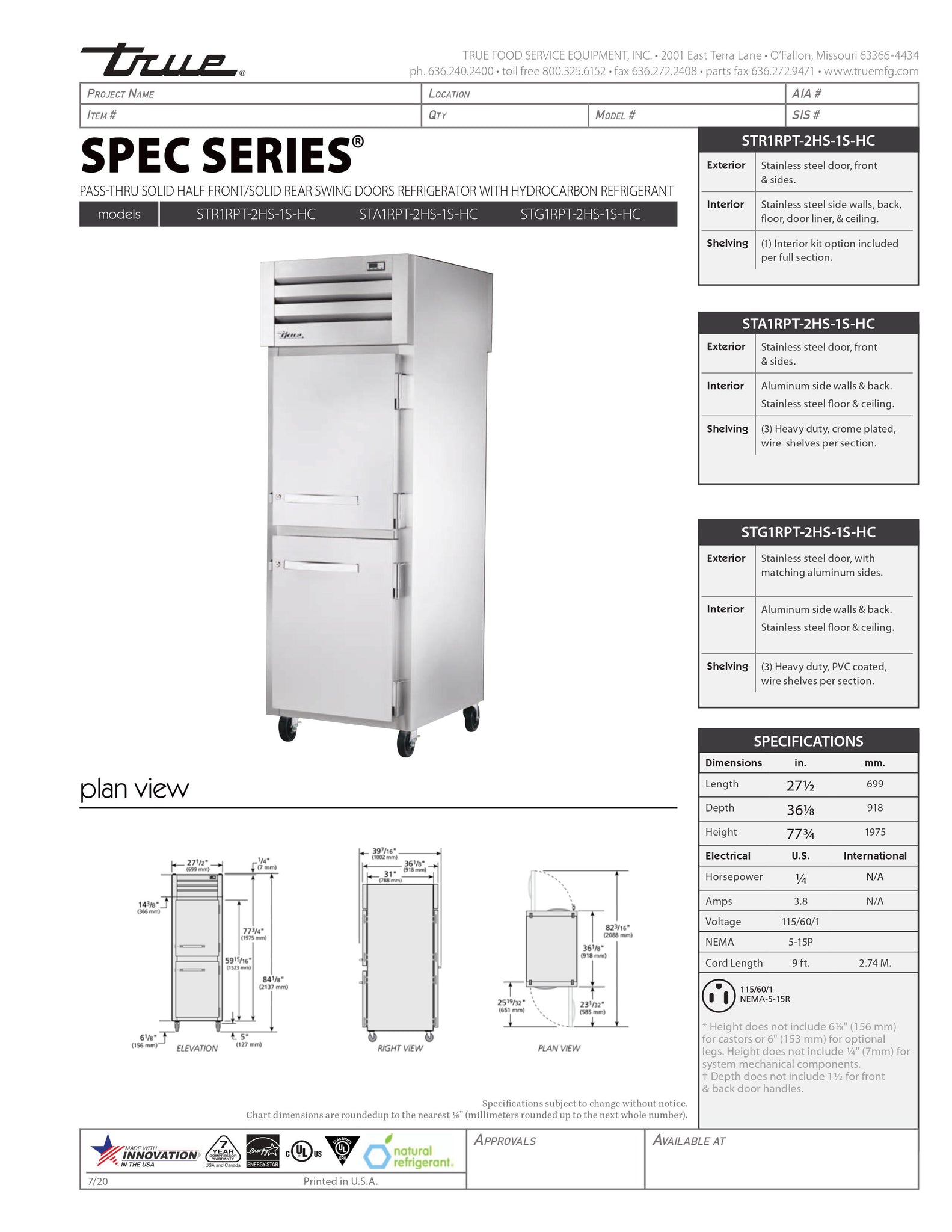 True STG1RPT-2HS-1S-HC 28" One Section Half Solid Door Pass Through Refrigerator with Full Solid Back Door