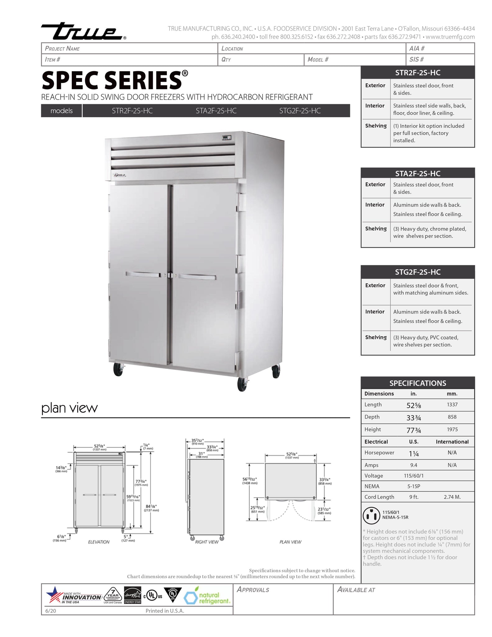 True STG2F-2S-HC 53" Two Section Solid Door Reach-In Freezer