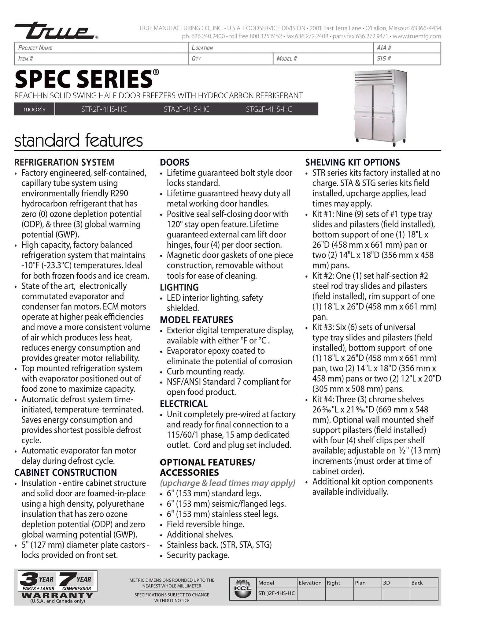 True STG2F-4HS-HC 53" Two Section Solid Half Door Reach-In Freezer