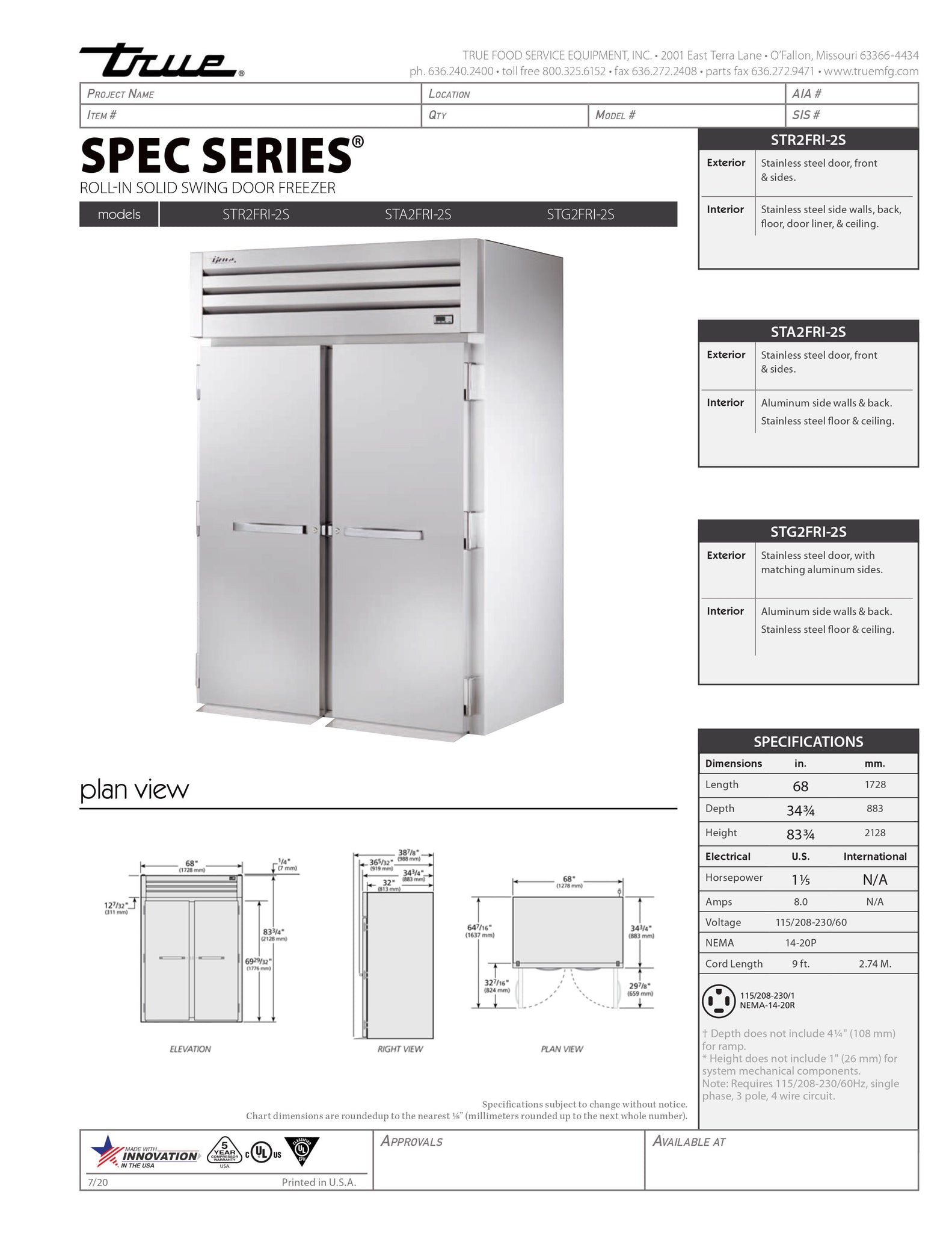 True STG2FRI-2S 68" Oversized Two Section Solid Door Reach-In Freezer