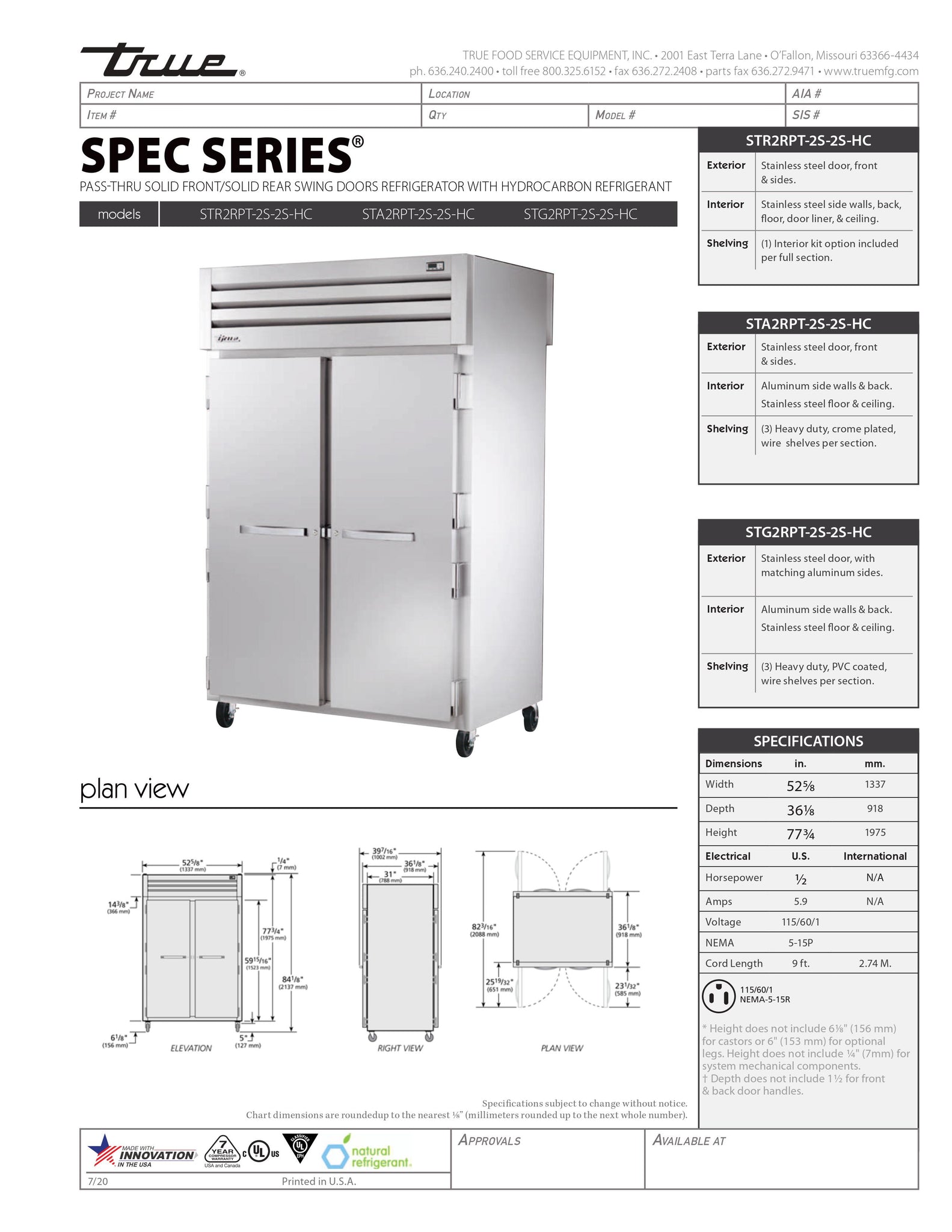 True STG2RPT-2S-2S-HC 53" Two Section Solid Door Pass Through Refrigerator