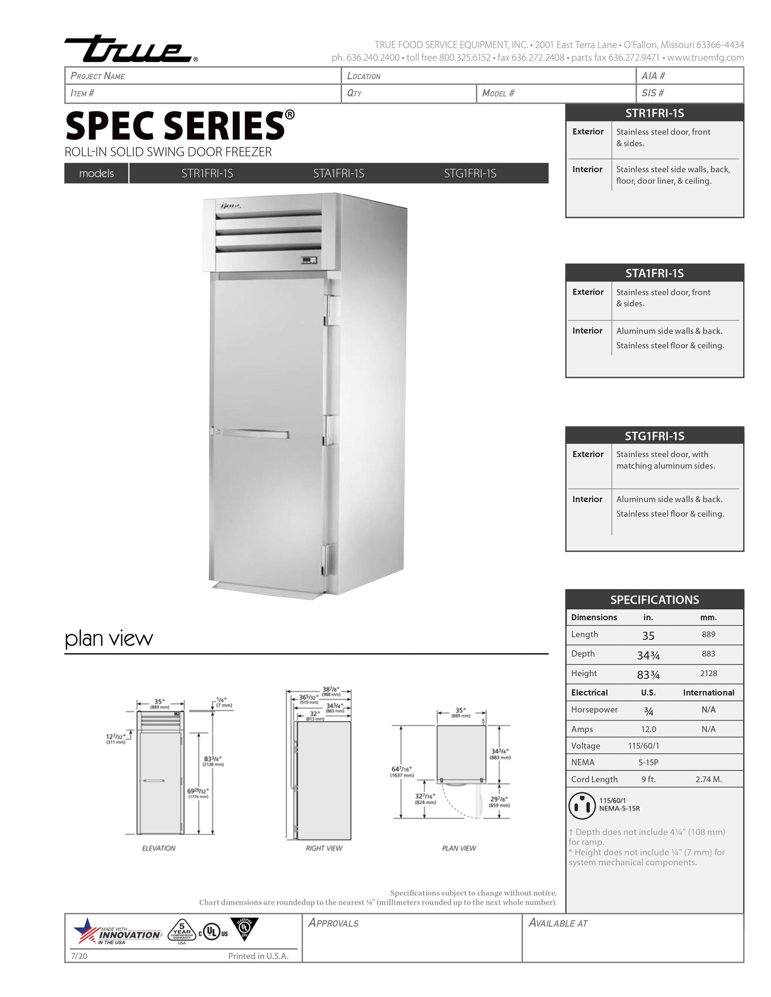 True STR1FRI-1S 35" Oversized One Section Solid Door Reach-In Freezer