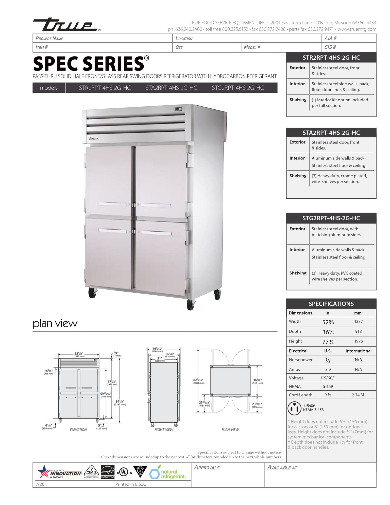 True STR2RPT-4HS-2G-HC 53" Two Section Solid Half Door Pass Through Refrigerator with Full Glass Back Doors