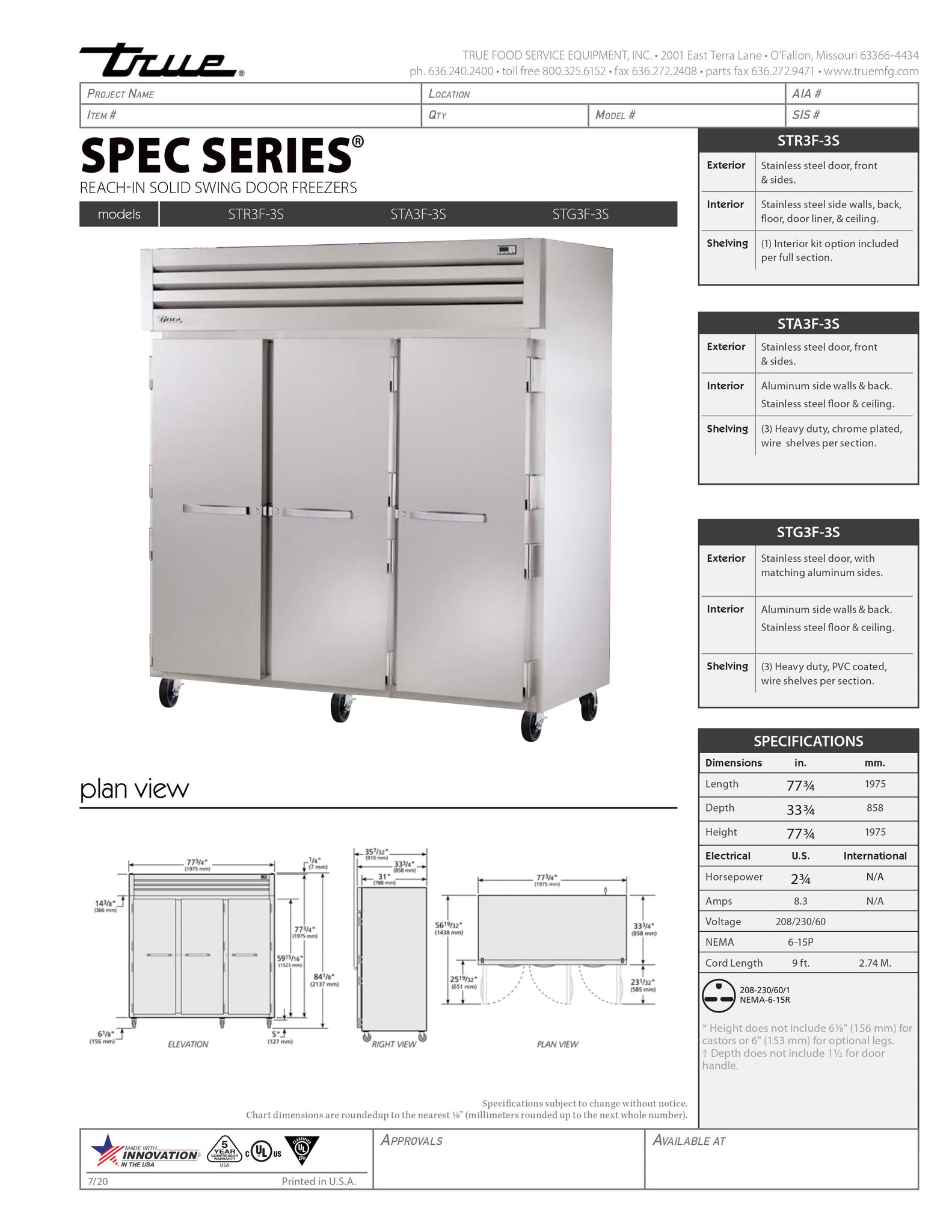 True STR3F-3S 78" Three Section Solid Door Reach-In Freezer