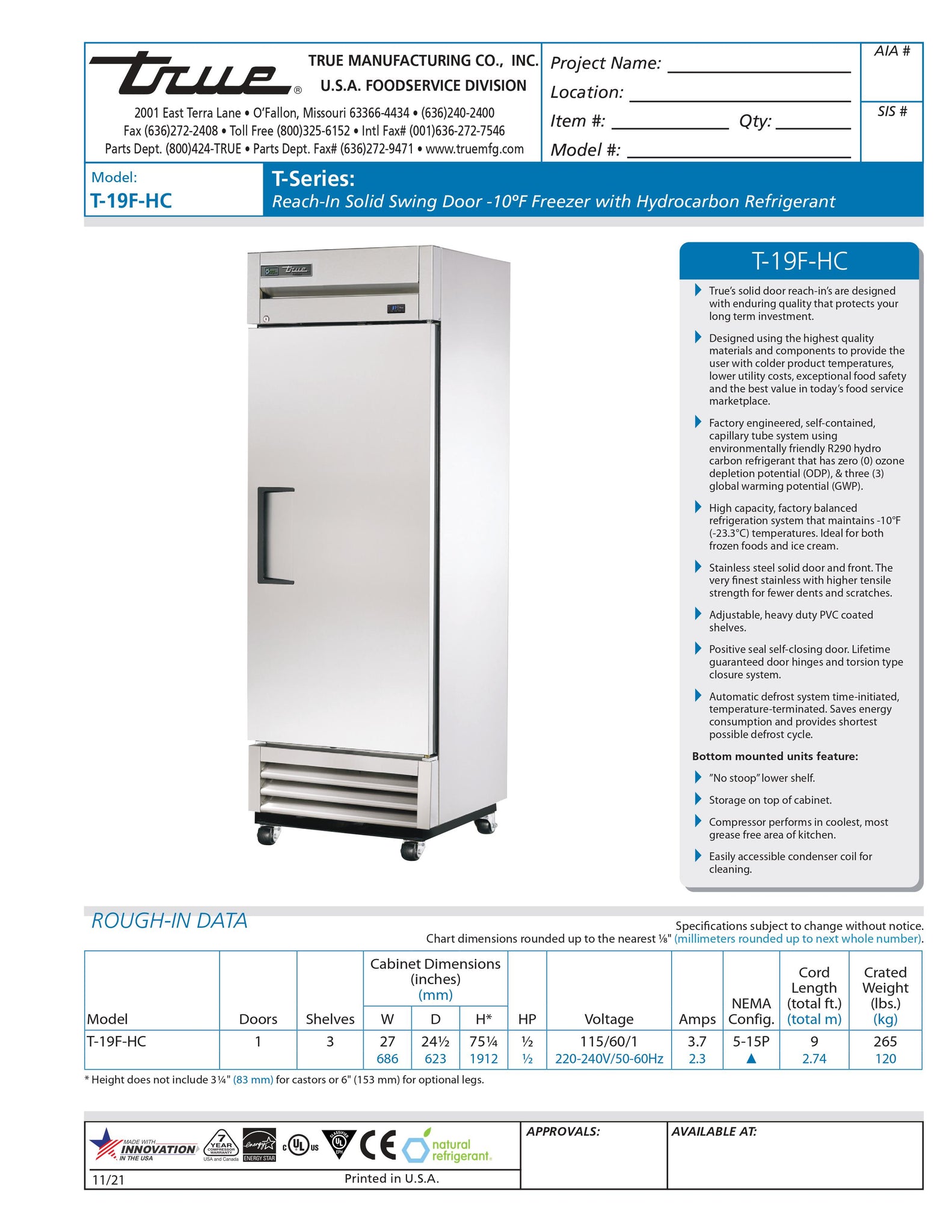 True T-19F-HC 27" One Section Solid Door Reach-In Freezer