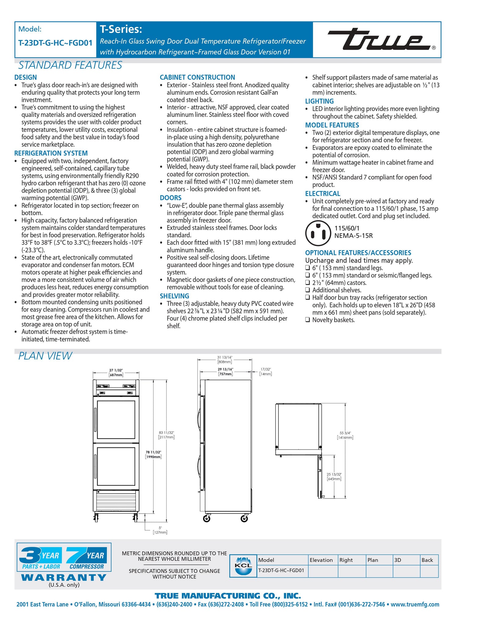 True T-23DT-G-HC~FGD01 27" One Section Glass Half Door Dual Temperature Refrigerator / Freezer - Framed Glas Door Version 01