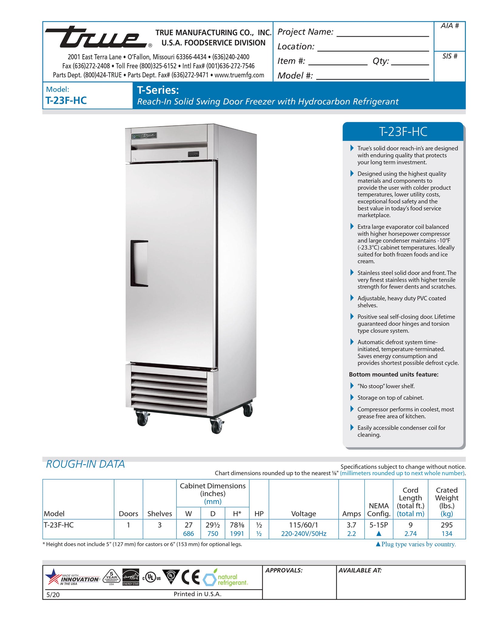 True T-23F-HC 27" One Section Solid Door Reach-In Freezer