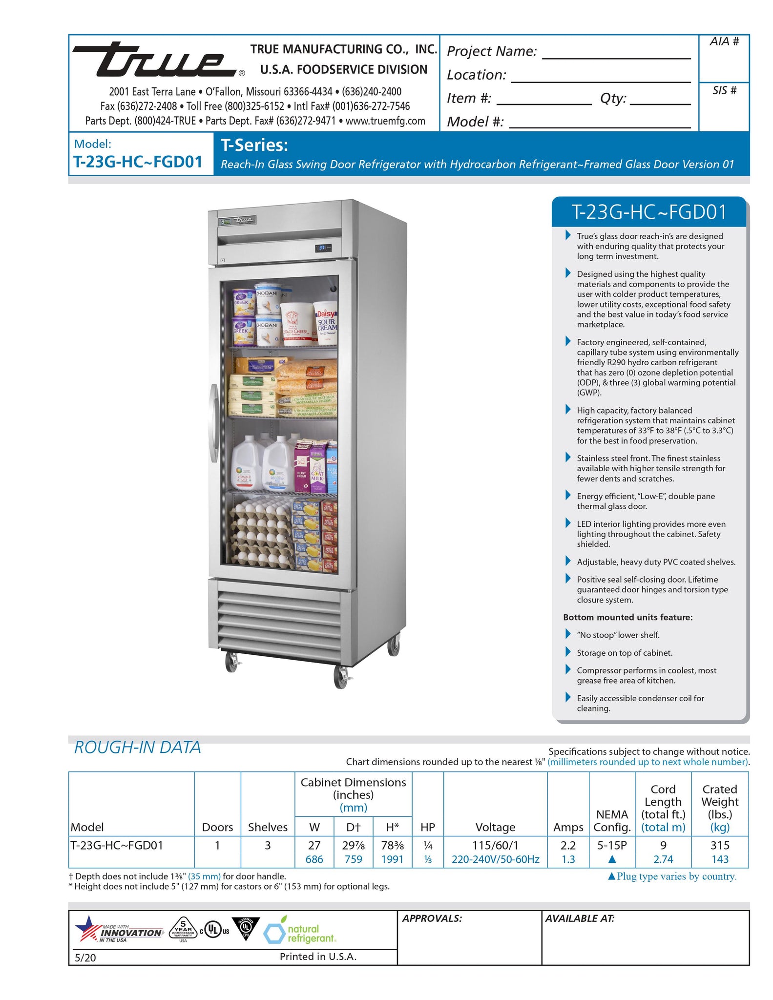 True T-23G-HC~FGD01 27" One Section Glass Door Reach-In Refrigerator - Framed Glass Door Version 01