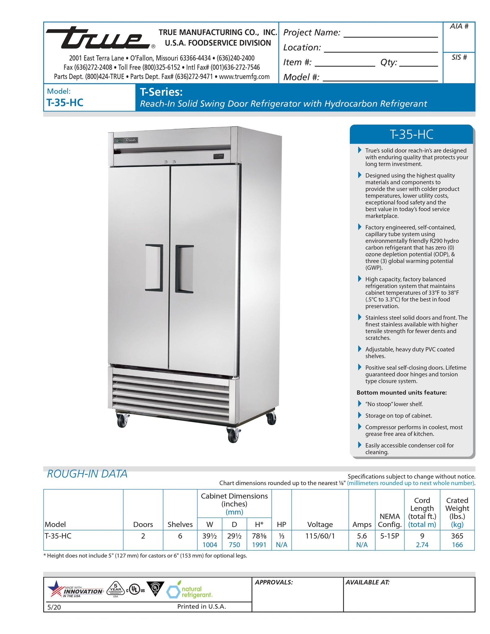 True T-35-HC 40" Two Section Solid Door Reach-In Refrigerator