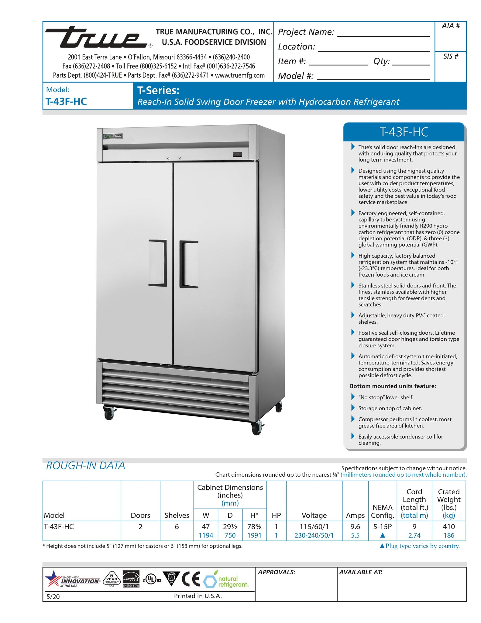 True T-43F-HC 47" Two Section Solid Door Reach-In Freezer