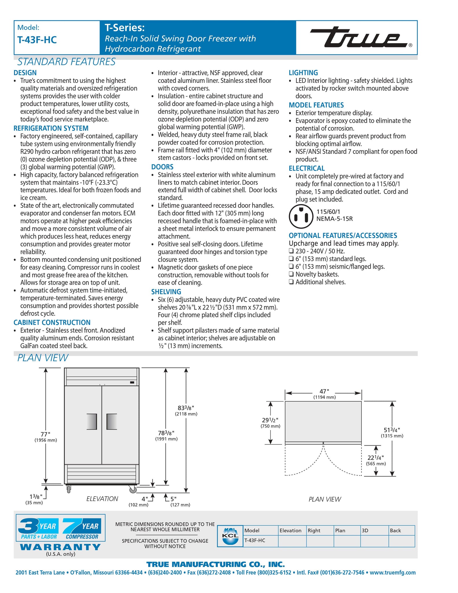 True T-43F-HC 47" Two Section Solid Door Reach-In Freezer