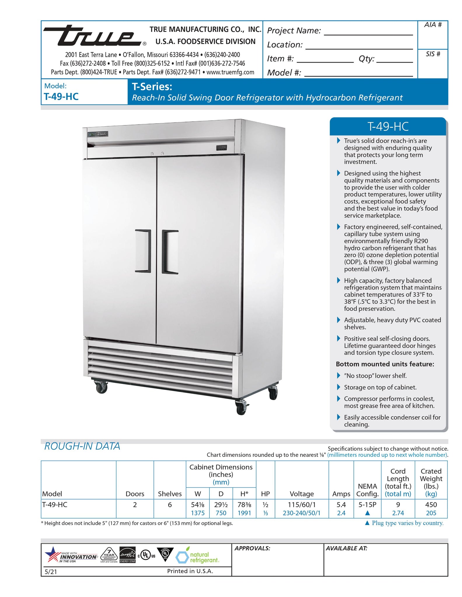 True T-49-HC 54" Two Section Solid Door Reach-In Refrigerator