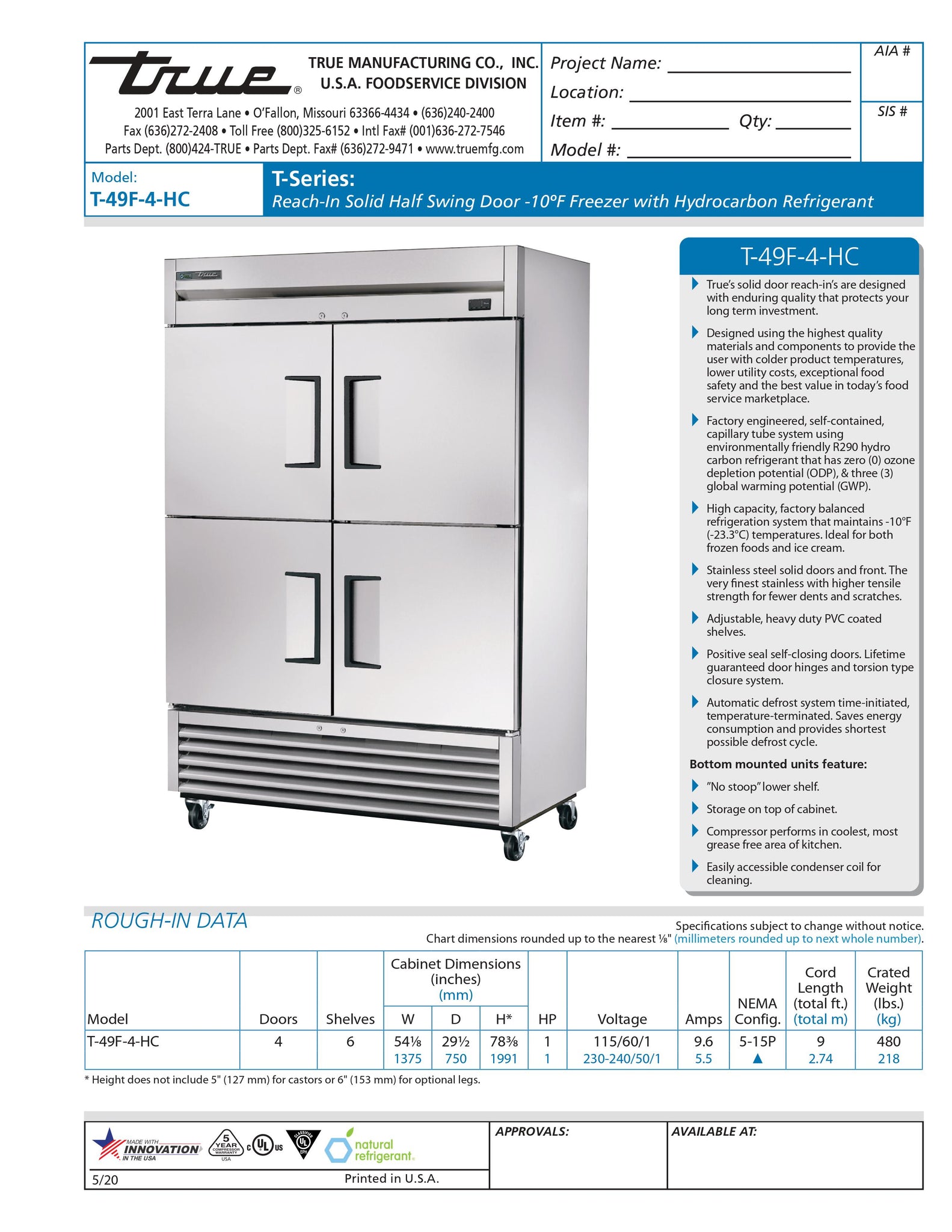 True T-49F-4-HC 54" Two Section Solid Half Door Reach-In Freezer