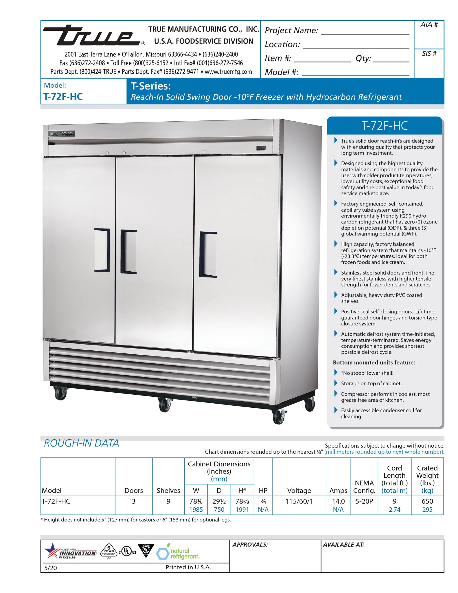 True T-72F-HC 78" Three Section Solid Door Reach-In Freezer