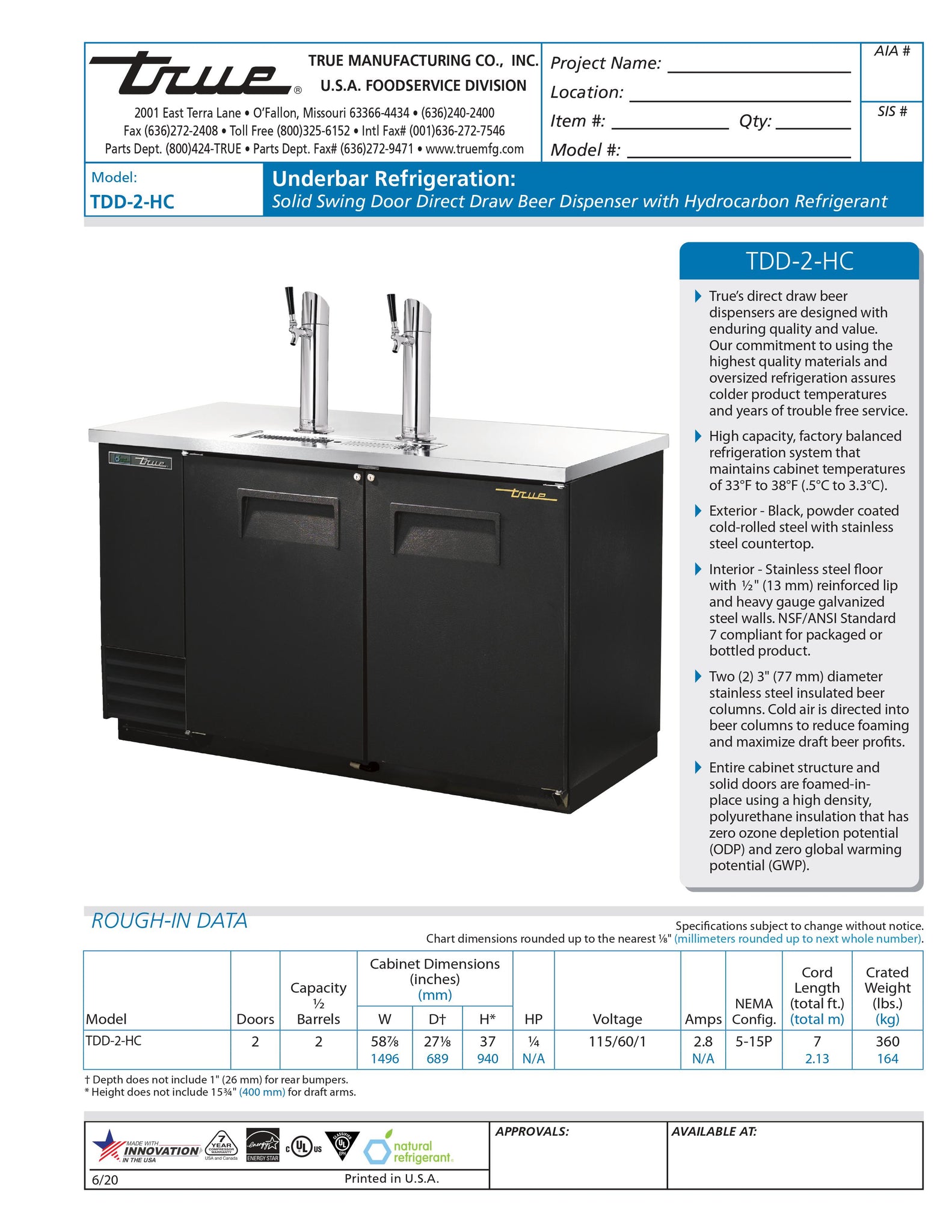 True TDD-2-HC 59" Two Keg Beer Dispenser with Two Single-Tap Towers