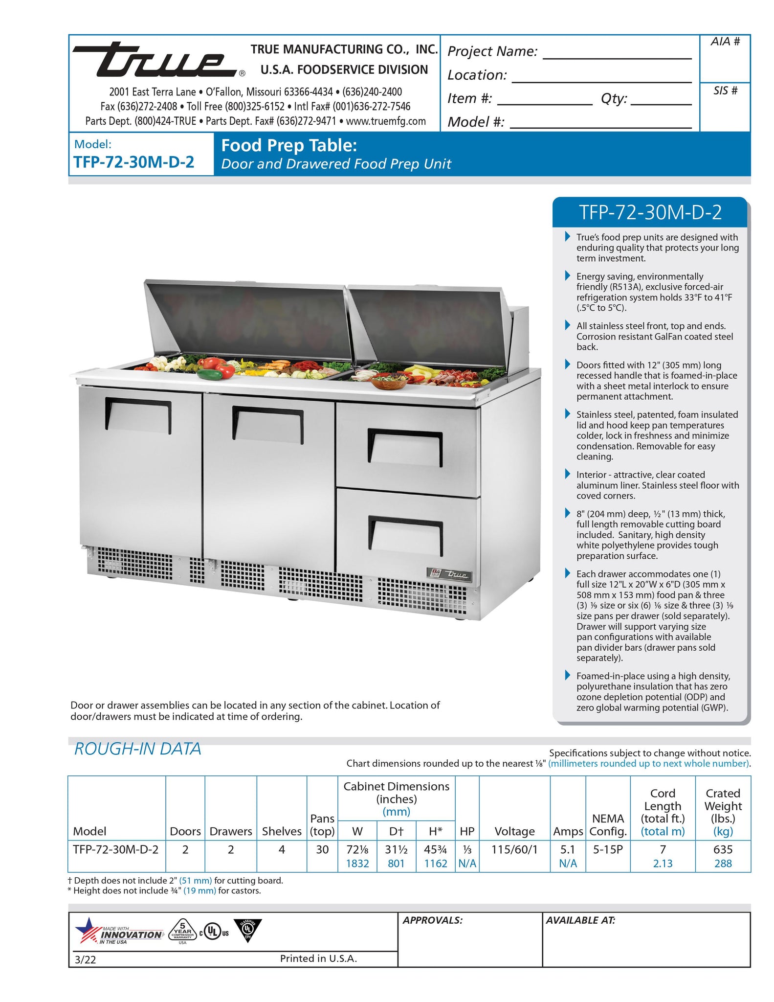 True TFP-72-30M-D-2 72" Refrigerated Sandwich / Salad Prep Table with 2 Right Drawers and 2 Doors