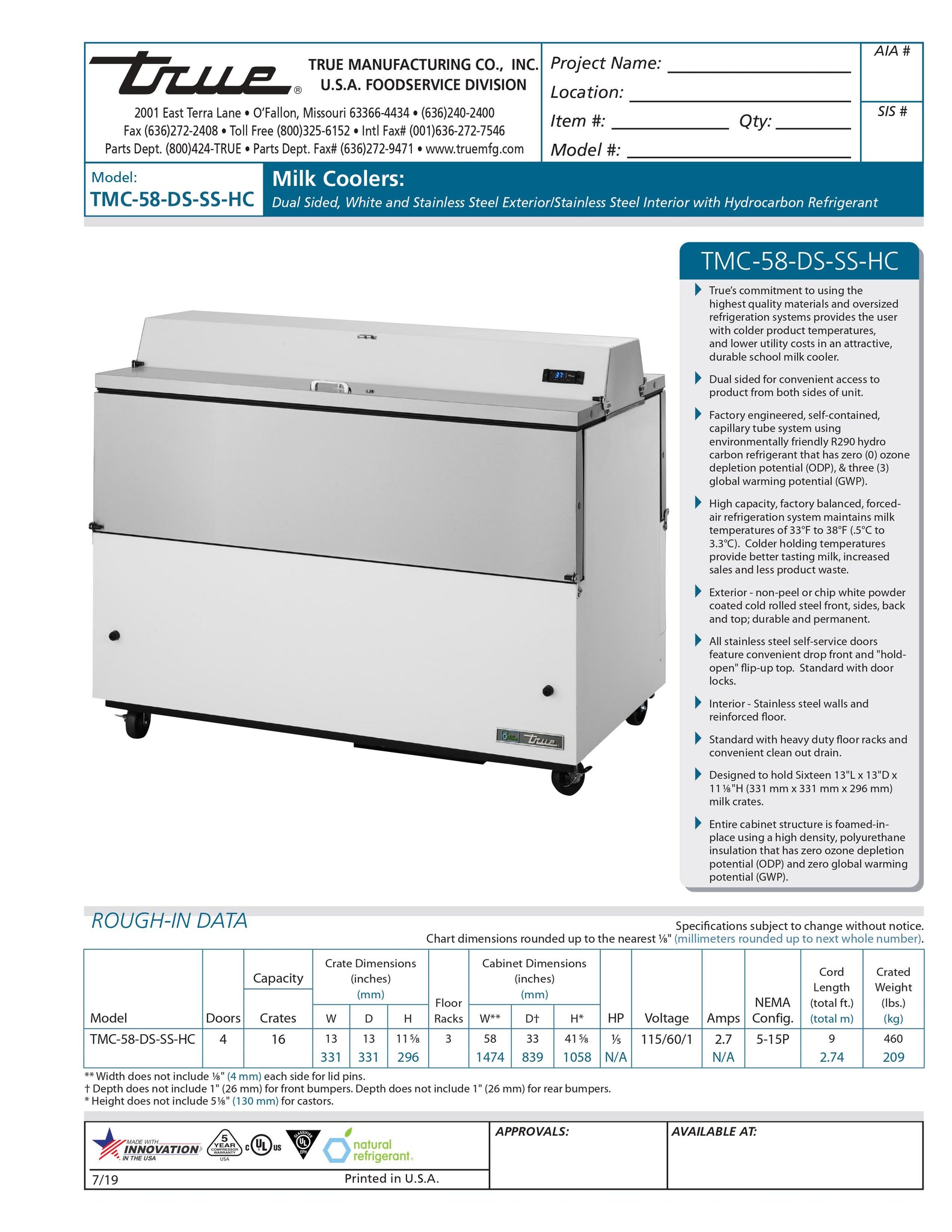 True TMC-58-DS-SS-HC 58" White and Stainless Steel 2-Sided Milk Cooler with Stainless Steel Interior