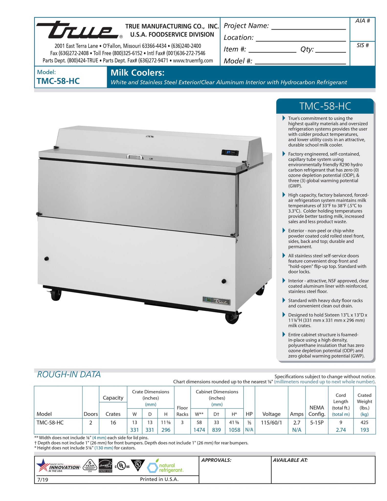 True TMC-58-HC 58" White and Stainless Steel 1-Sided Milk Cooler