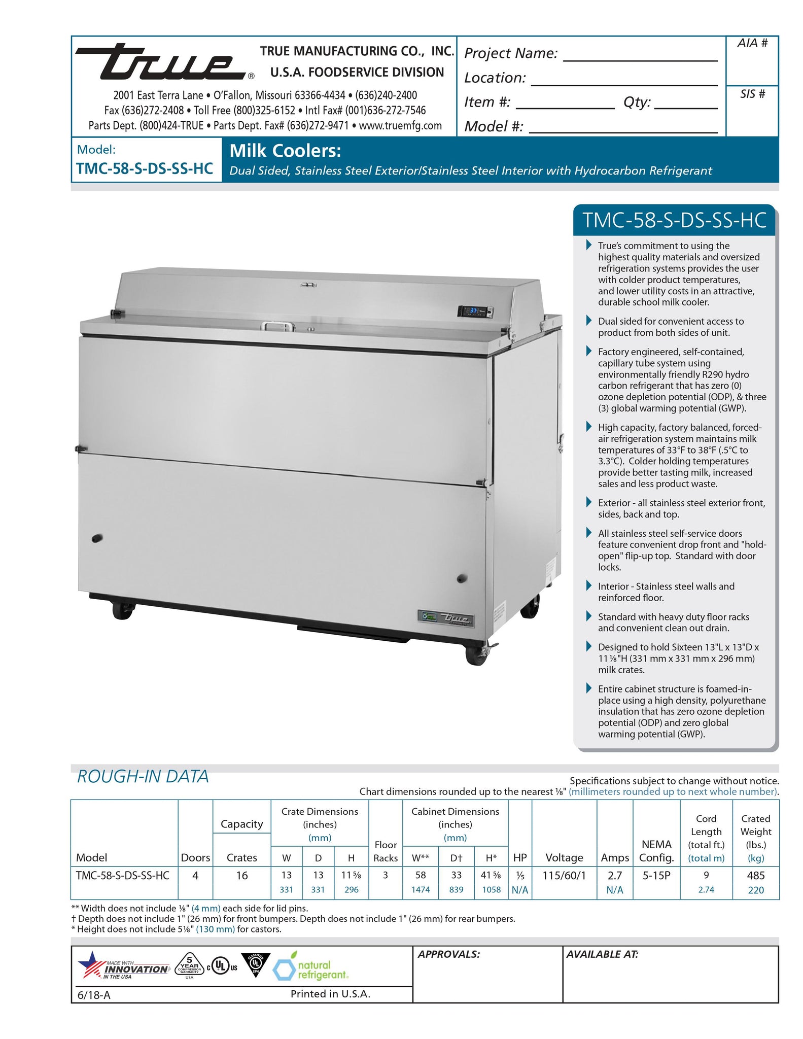 True TMC-58-S-DS-SS-HC 58" Stainless Steel 2-Sided Milk Cooler with Stainless Steel Interior