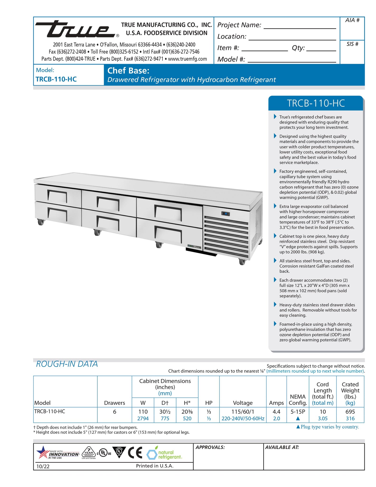 True TRCB-110-HC 110" Six Drawer Refrigerated Chef Base