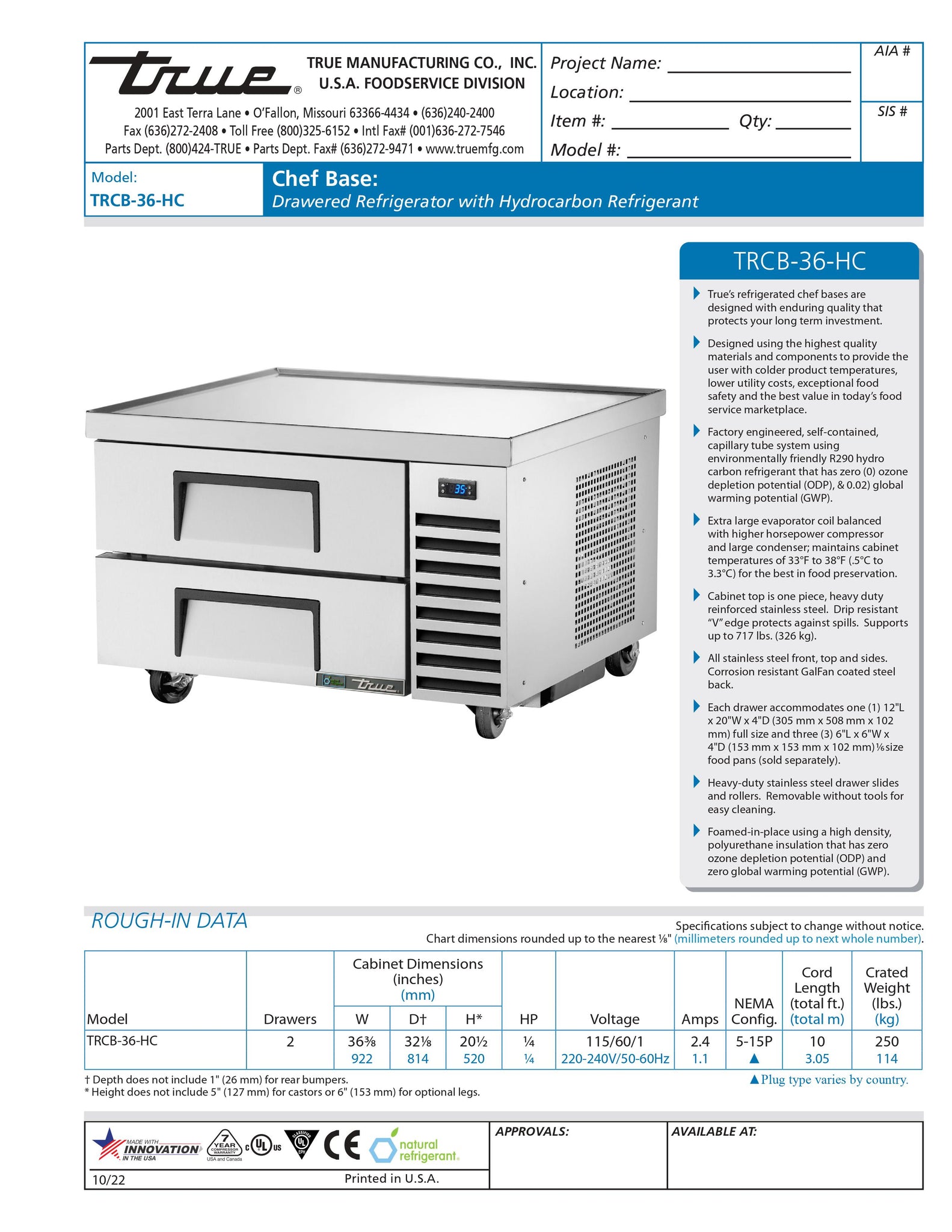 True TRCB-36-HC 36" Two Drawer Refrigerated Chef Base