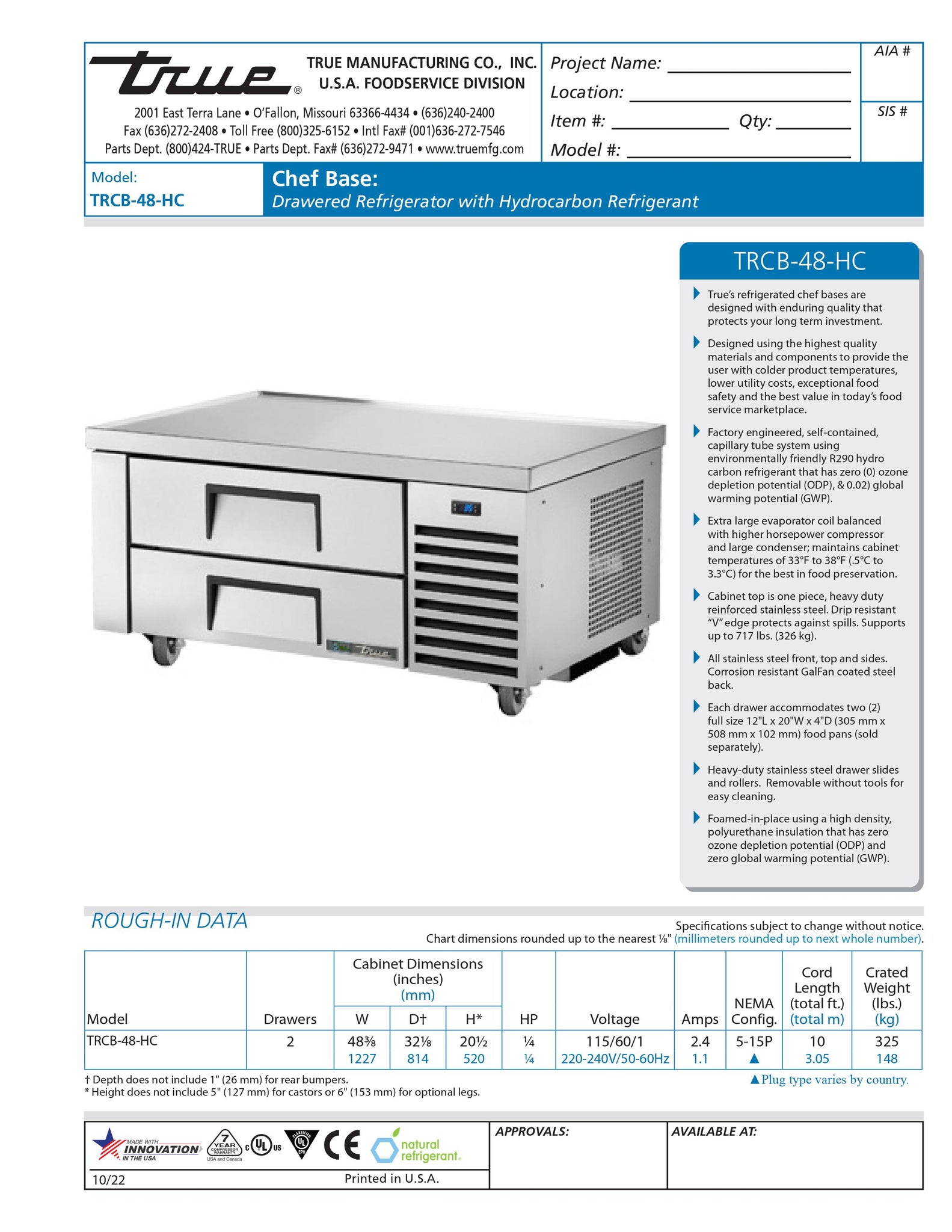 True TRCB-48-HC 48" Two Drawer Refrigerated Chef Base