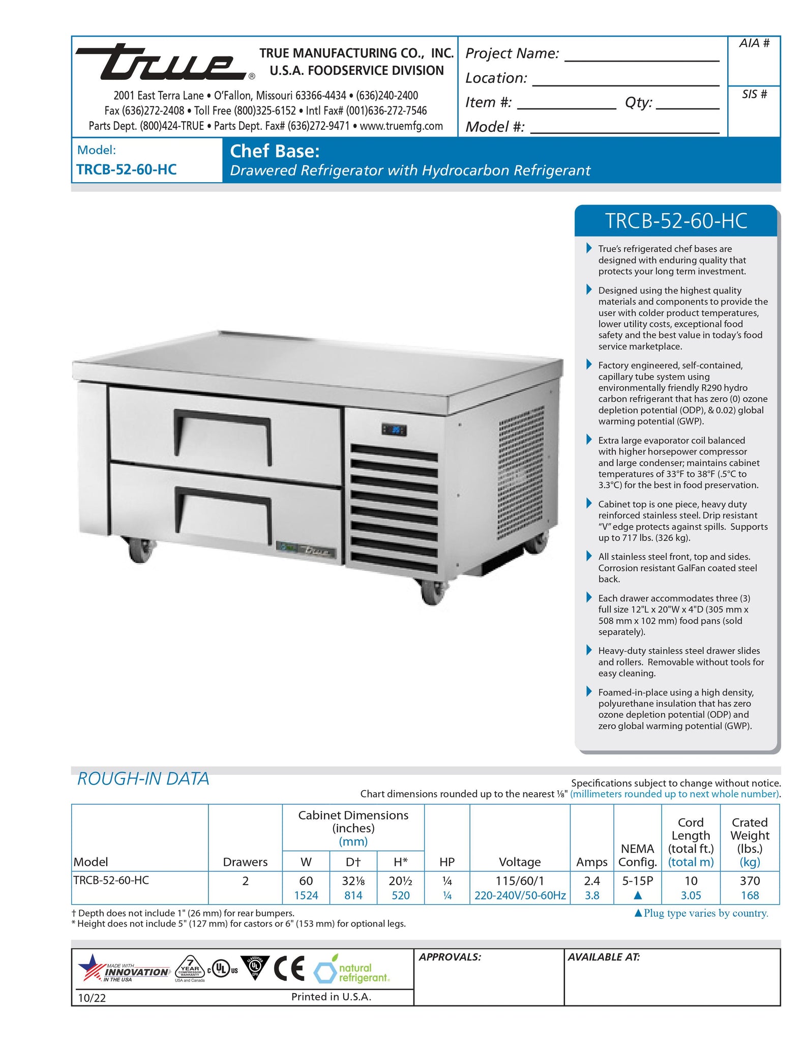 True TRCB-52-60-HC 60" Two Drawer Mega Top Refrigerated Chef Base