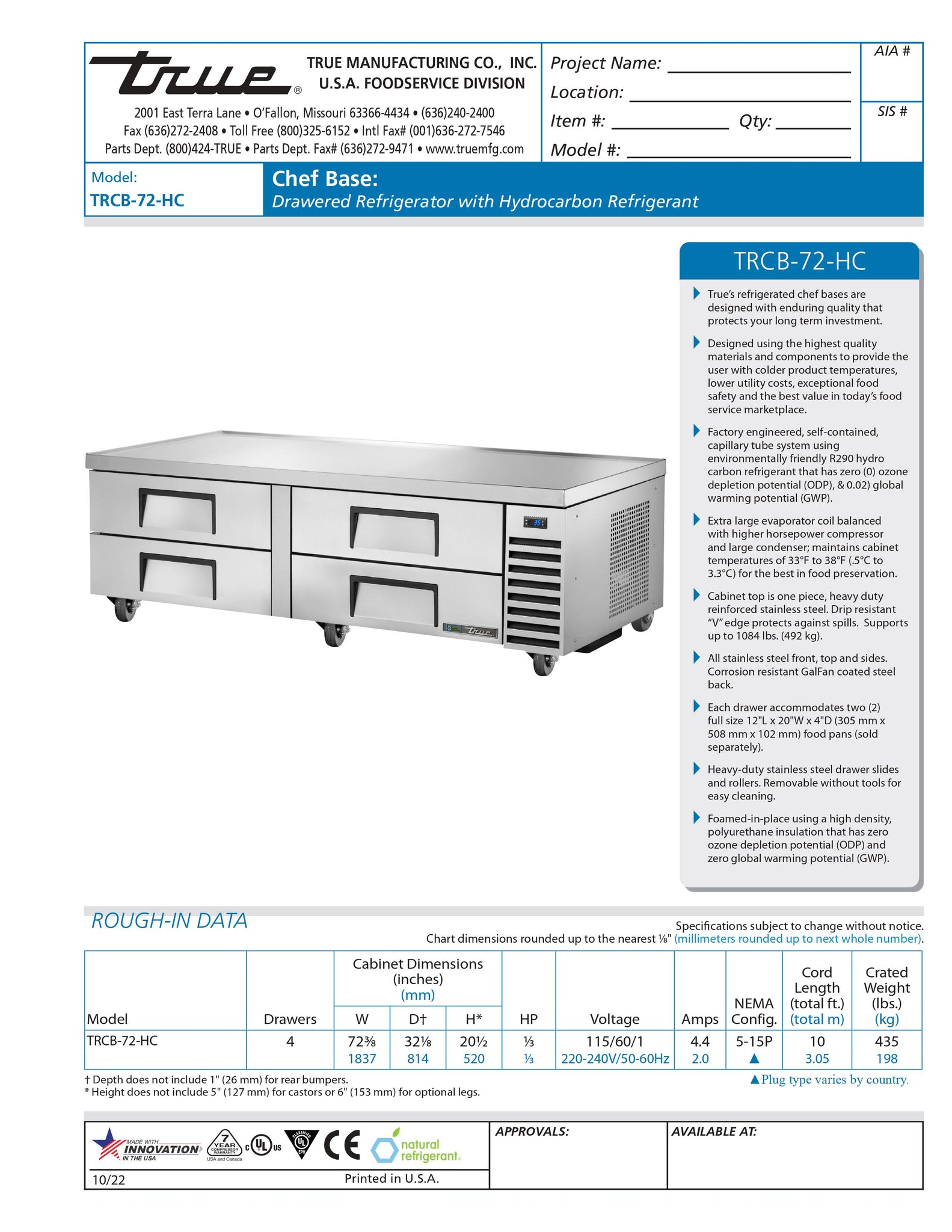 True TRCB-72-HC 72" Four Drawer Refrigerated Chef Base