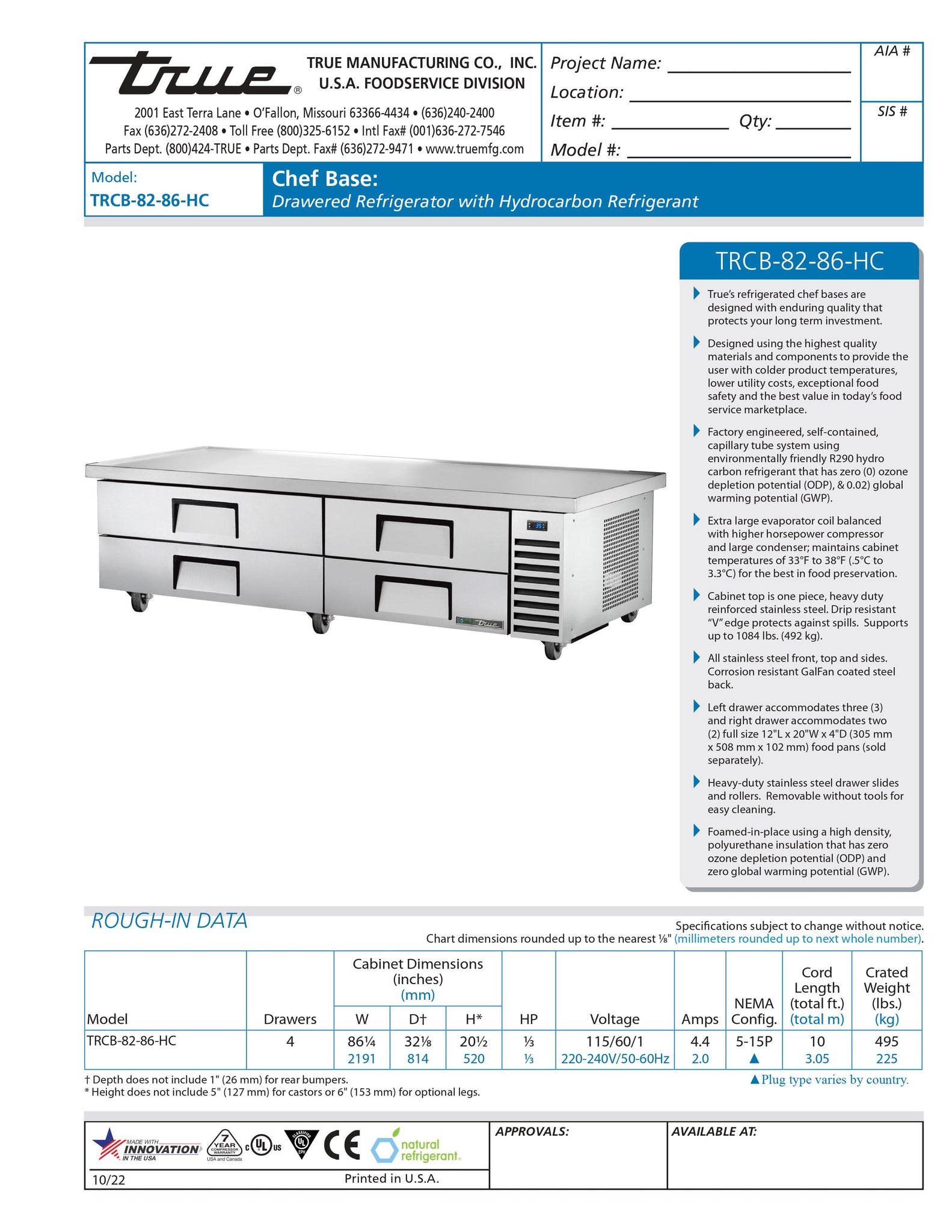 True TRCB-82-86-HC 86" Four Drawer Mega Top Refrigerated Chef Base