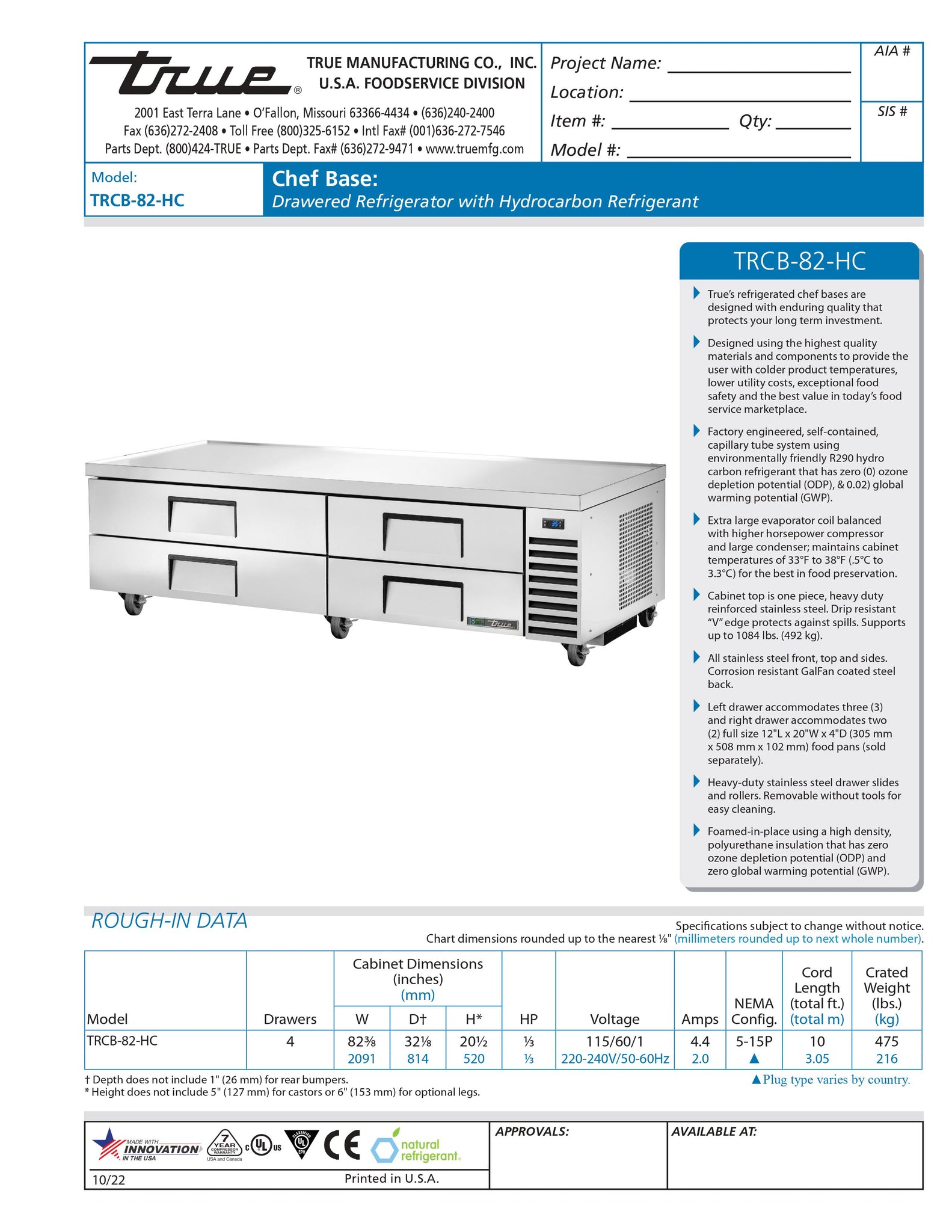 True TRCB-82-HC 82" Four Drawer Refrigerated Chef Base