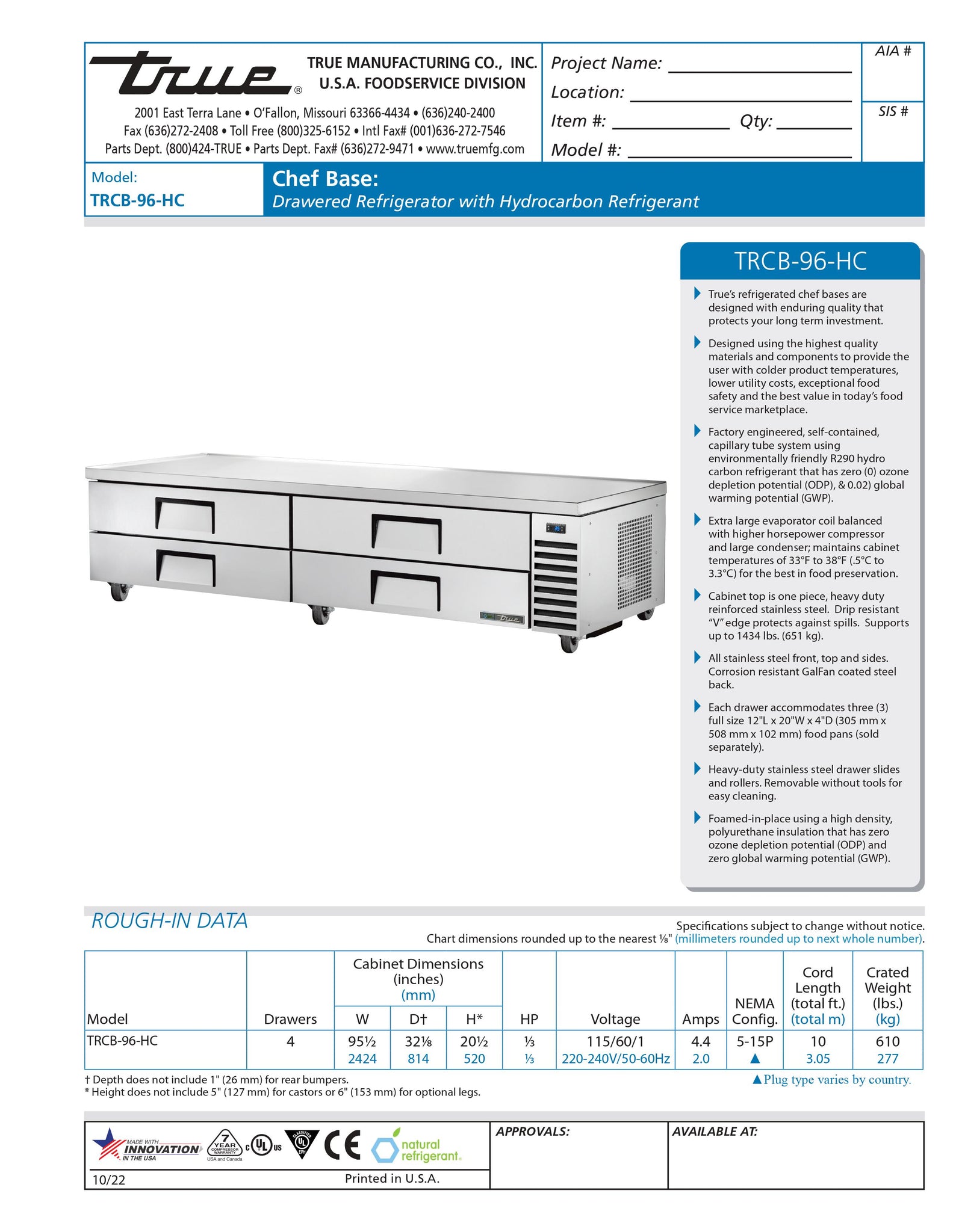 True TRCB-96-HC 96" Four Drawer Refrigerated Chef Base