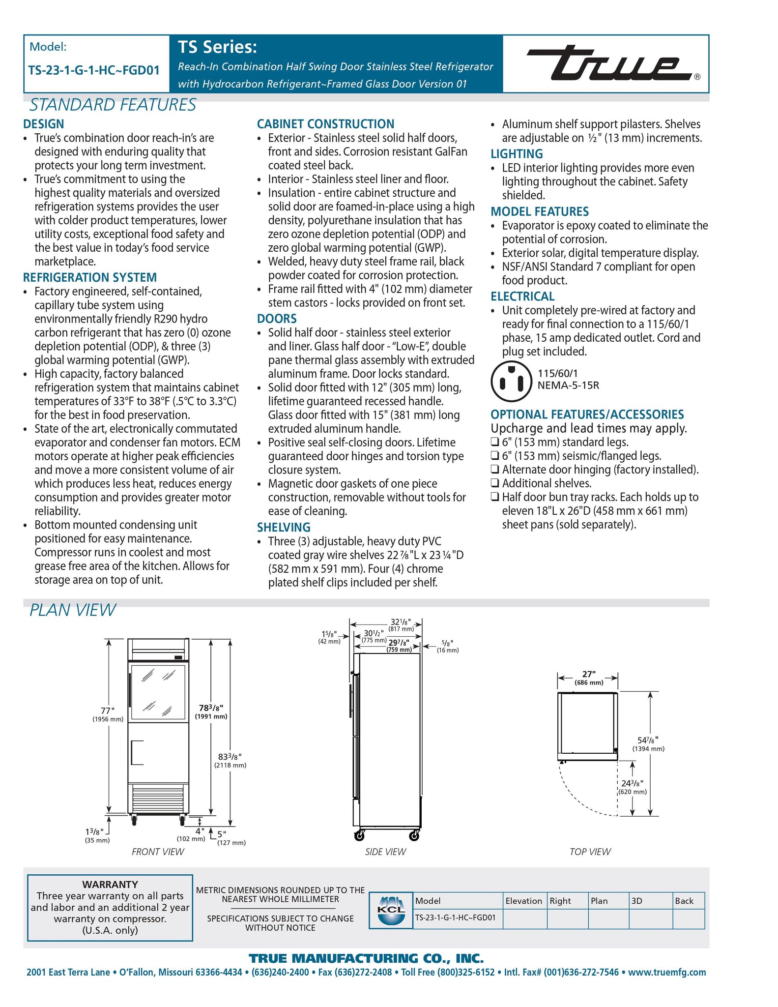 True TS-23-1-G-1-HC~FGD01 27" One Section Solid and Glass Half Door Reach-In Refrigerator