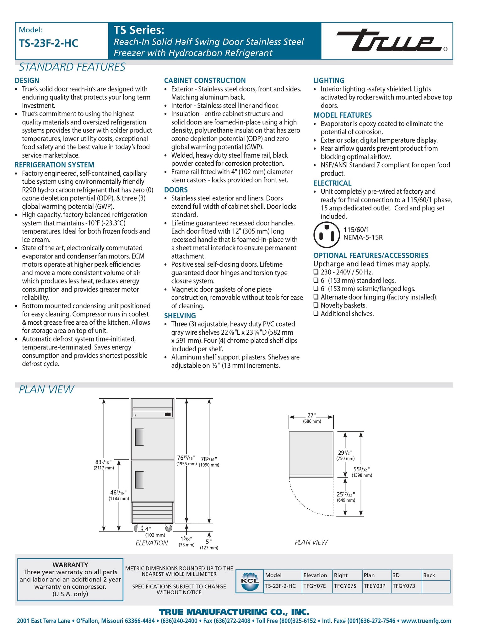 True TS-23F-2-HC 27" One Section Solid Half Door Reach-In Freezer