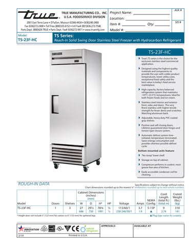True TS-23F-HC 27" One Section Solid Door Reach-In Freezer